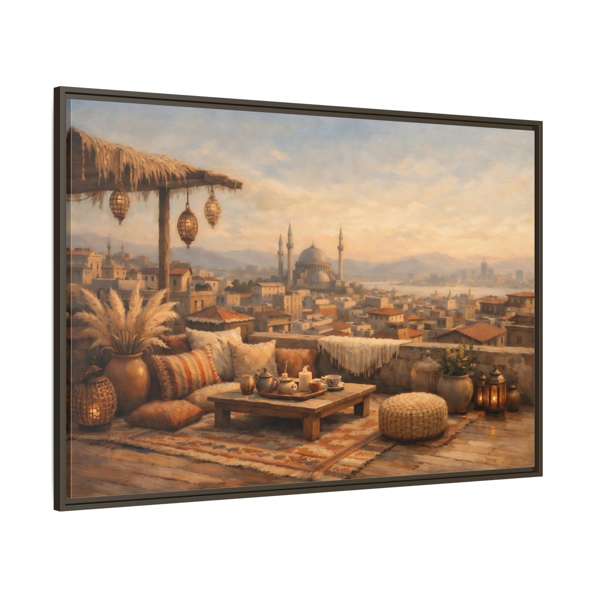 Main Mockup. Vintage Rooftop Lounge Warm Rooftop View shown as stretched canvas wall art