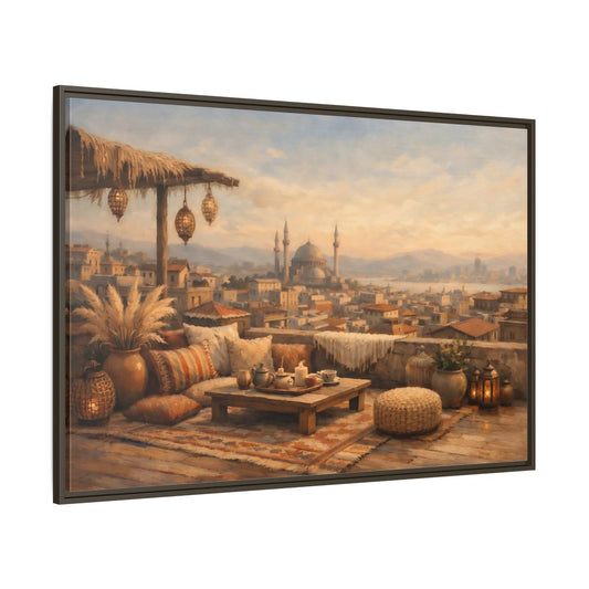 Main Mockup. Vintage Rooftop Lounge Warm Rooftop View shown as stretched canvas wall art