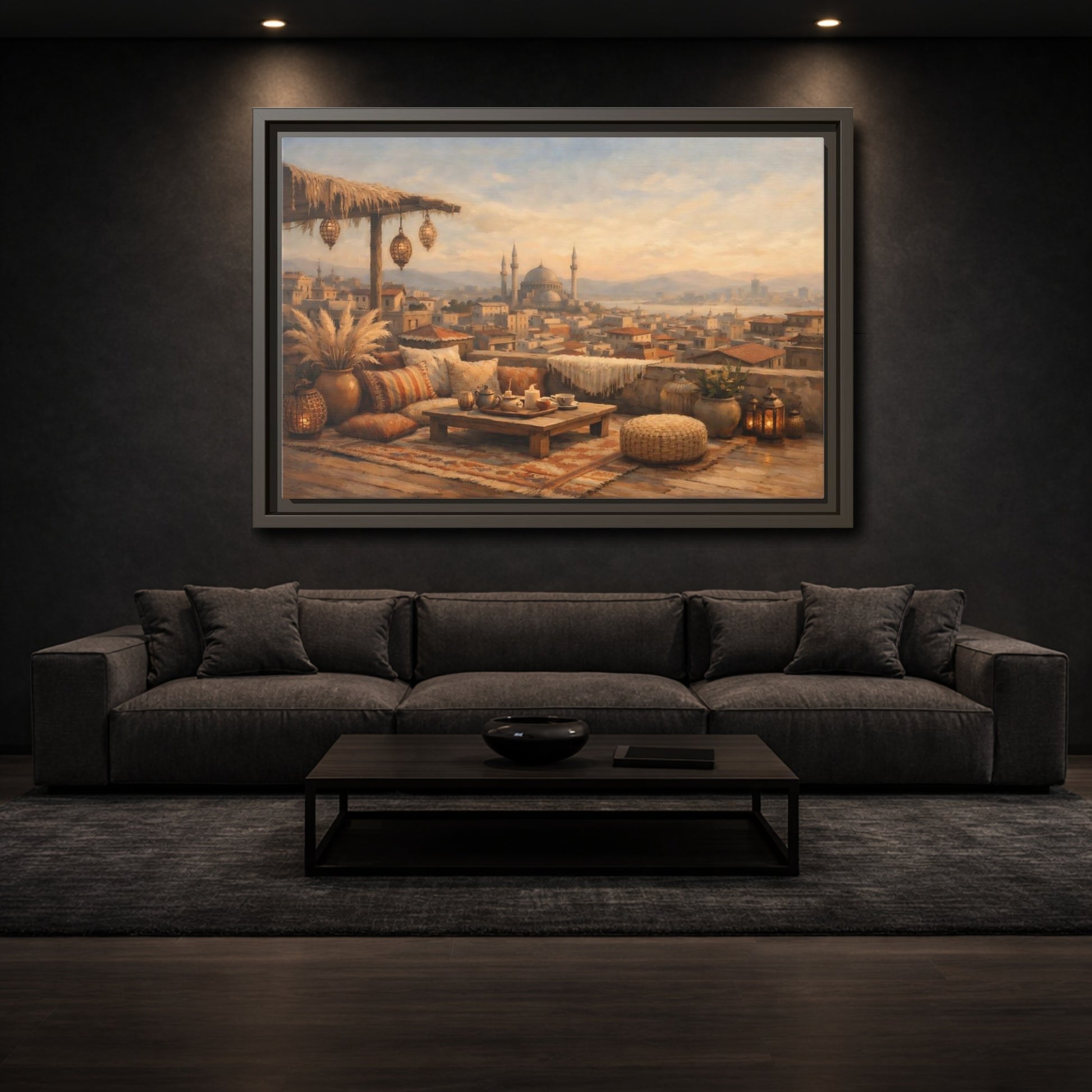 Mockup 2. Vintage Rooftop Lounge Warm Rooftop View shown as stretched canvas wall art