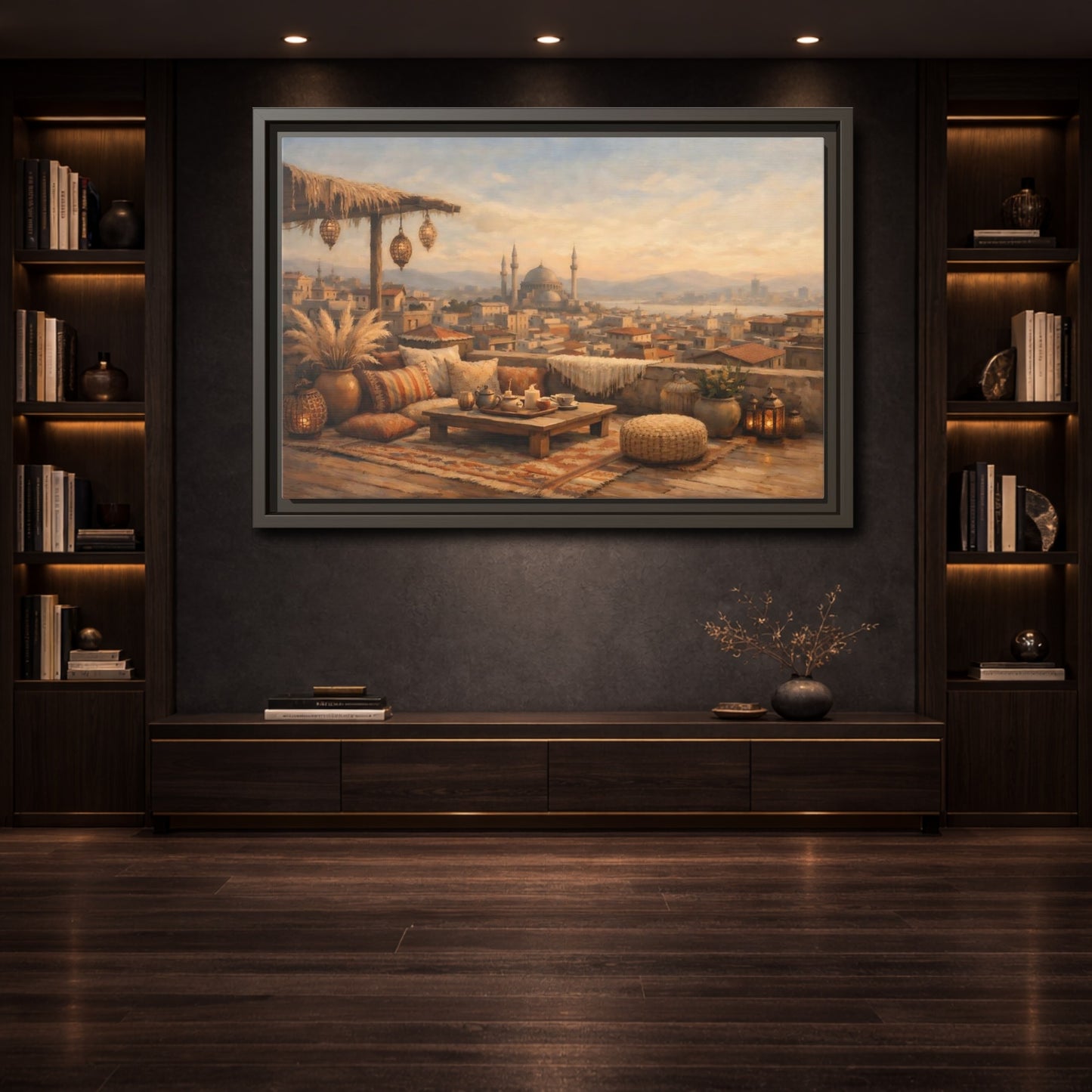 Mockup 3. Vintage Rooftop Lounge Warm Rooftop View shown as stretched canvas wall art