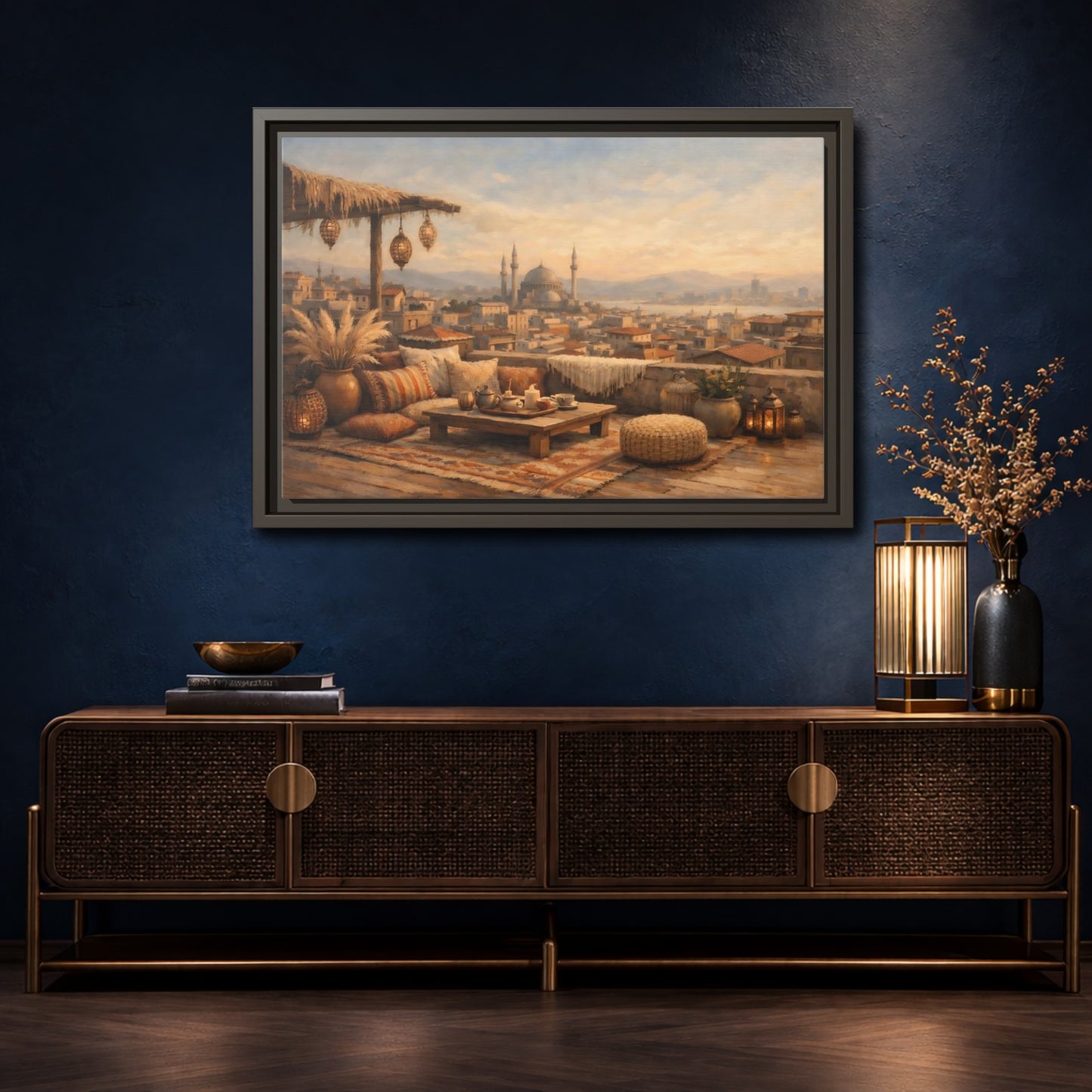Mockup 4. Vintage Rooftop Lounge Warm Rooftop View shown as stretched canvas wall art