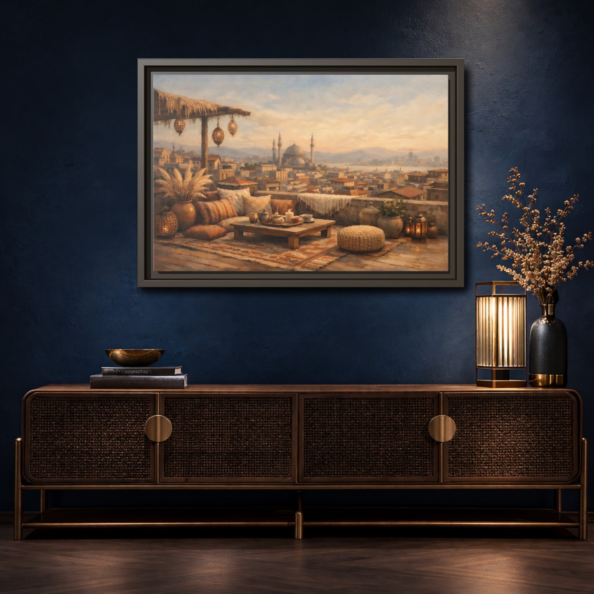 Mockup 4. Vintage Rooftop Lounge Warm Rooftop View shown as stretched canvas wall art