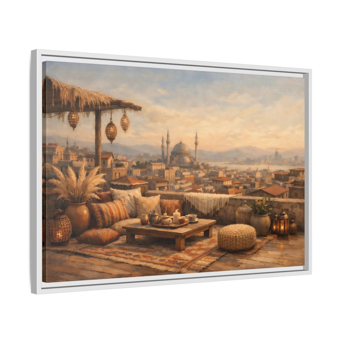 Side Mockup 10. Vintage Rooftop Lounge Warm Rooftop View shown as stretched canvas wall art