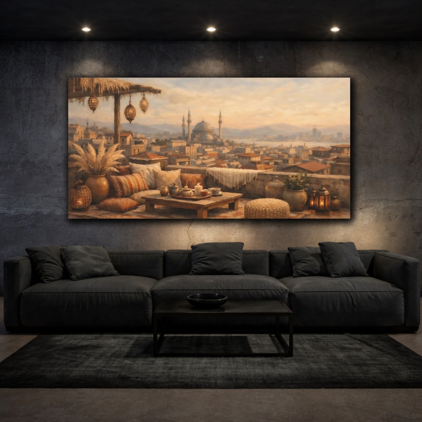 Mockup 2. Vintage Rooftop View Warm Tones shown as stretched canvas wall art