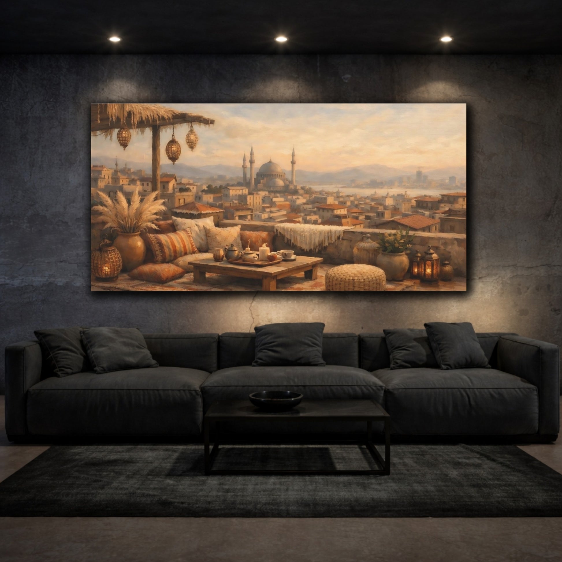Mockup 2. Vintage Rooftop View Warm Tones shown as stretched canvas wall art