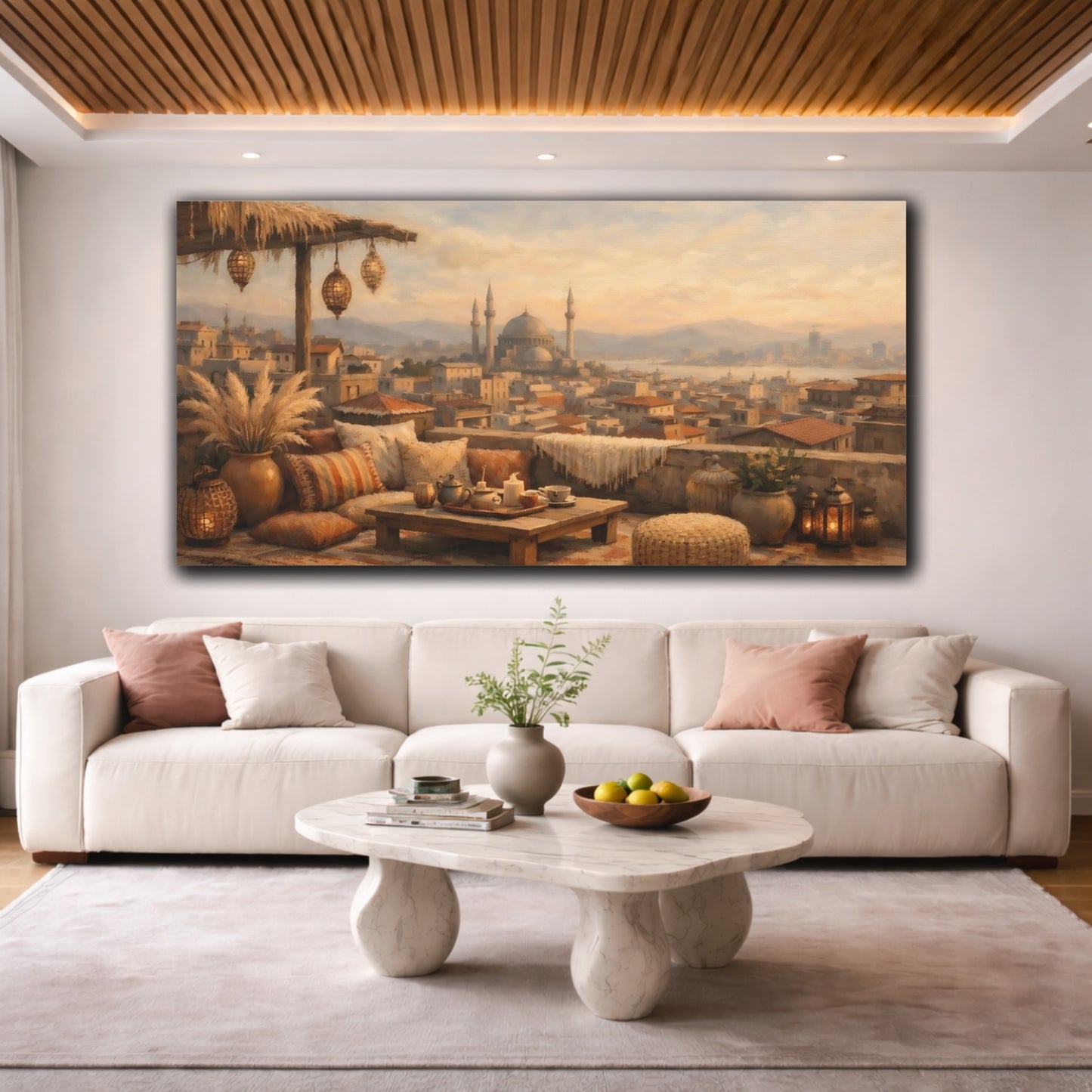 Mockup 3. Vintage Rooftop View Warm Tones shown as stretched canvas wall art