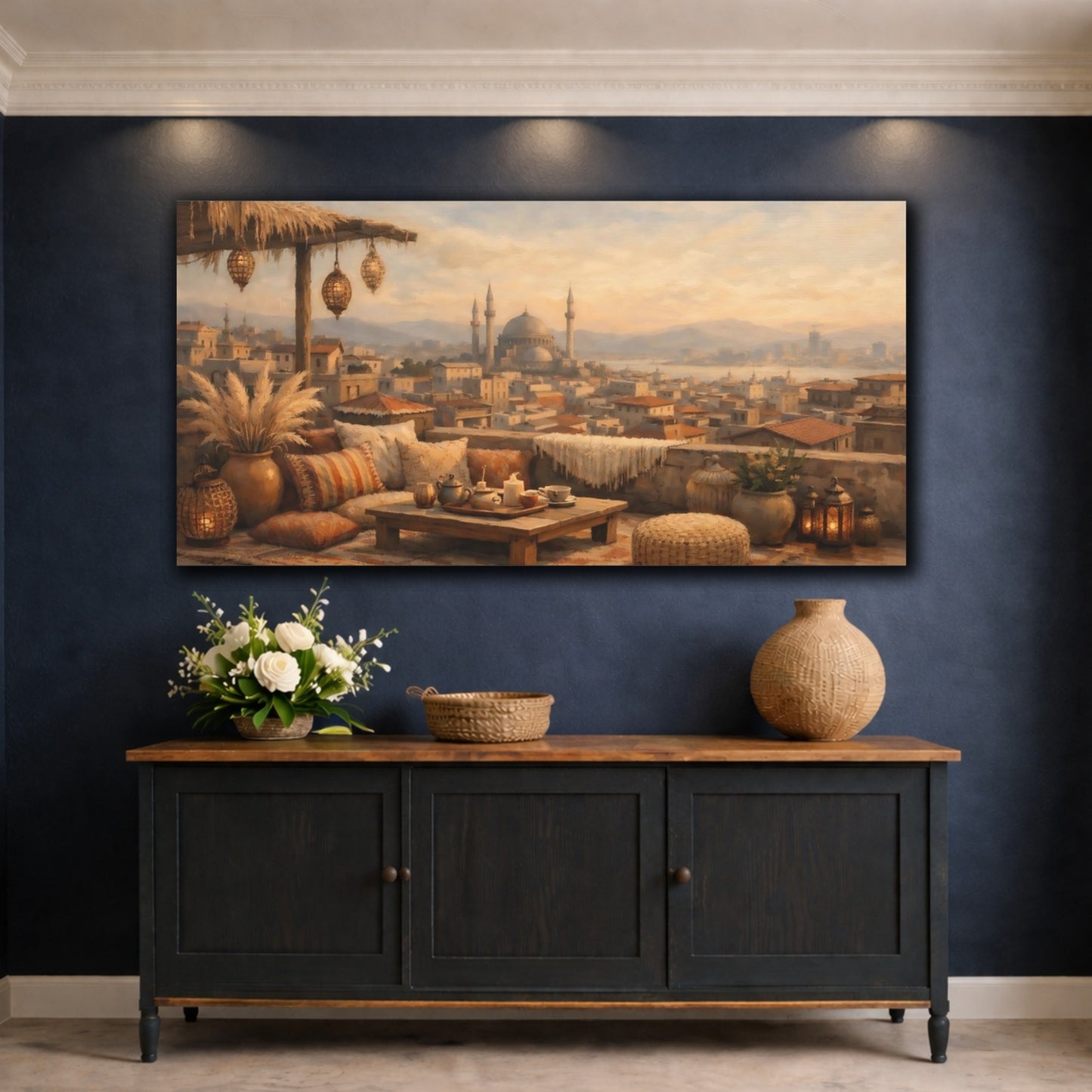 Mockup 4. Vintage Rooftop View Warm Tones shown as stretched canvas wall art