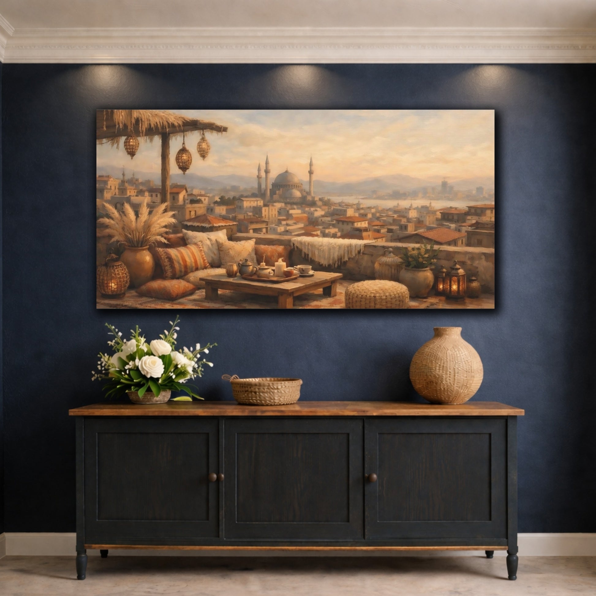 Mockup 4. Vintage Rooftop View Warm Tones shown as stretched canvas wall art
