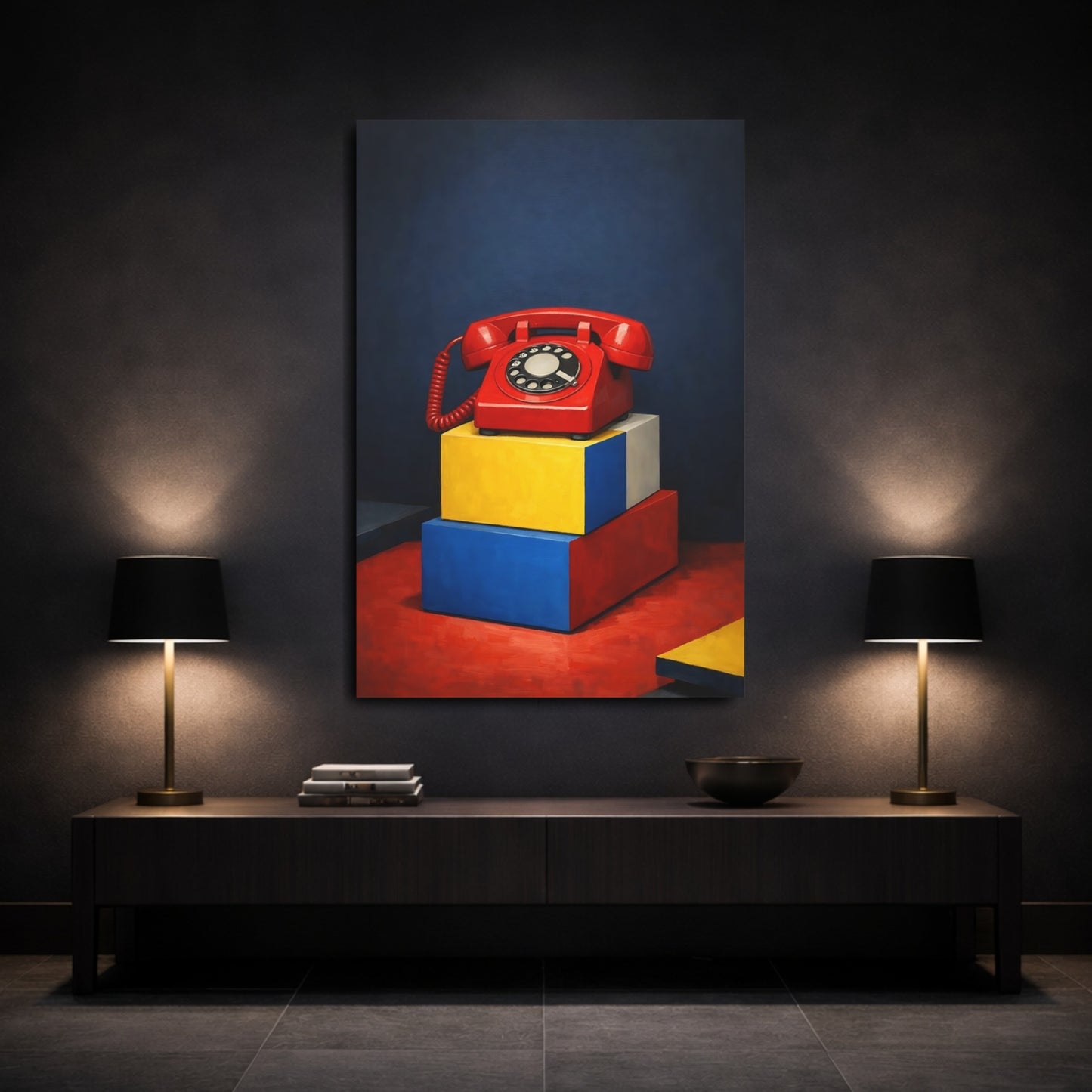 Mockup 2. Vintage Rotary Phone Red Rotary Phone shown as stretched canvas wall art