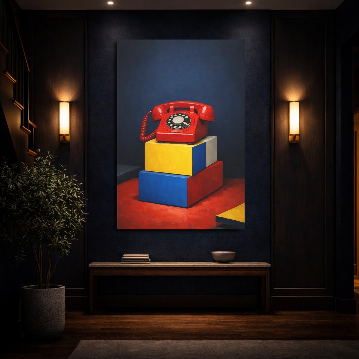 Mockup 3. Vintage Rotary Phone Red Rotary Phone shown as stretched canvas wall art