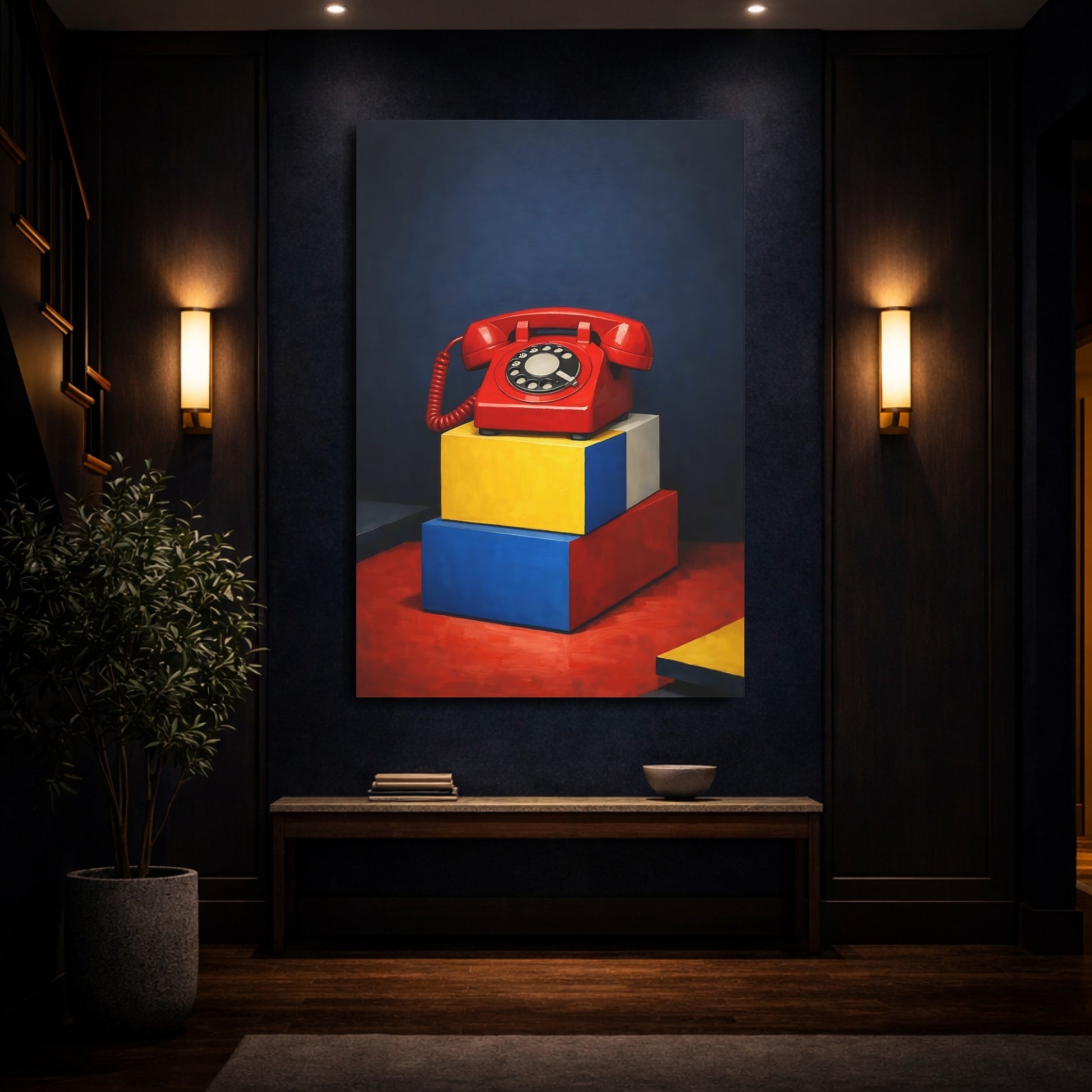 Mockup 3. Vintage Rotary Phone Red Rotary Phone shown as stretched canvas wall art
