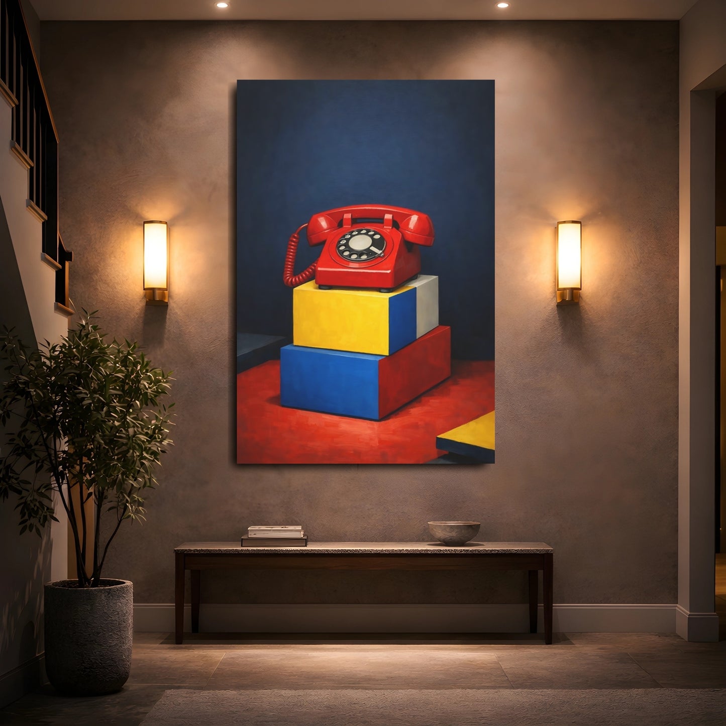 Mockup 4. Vintage Rotary Phone Red Rotary Phone shown as stretched canvas wall art