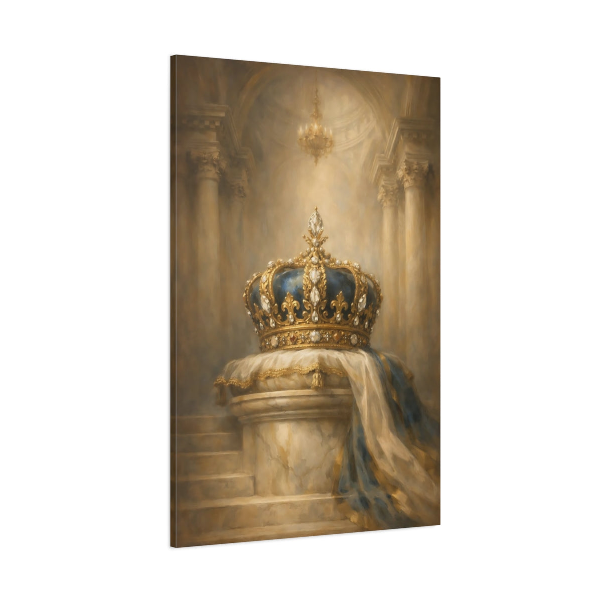 Main Mockup. Vintage Royal Crown Gold And Blue shown as stretched canvas wall art