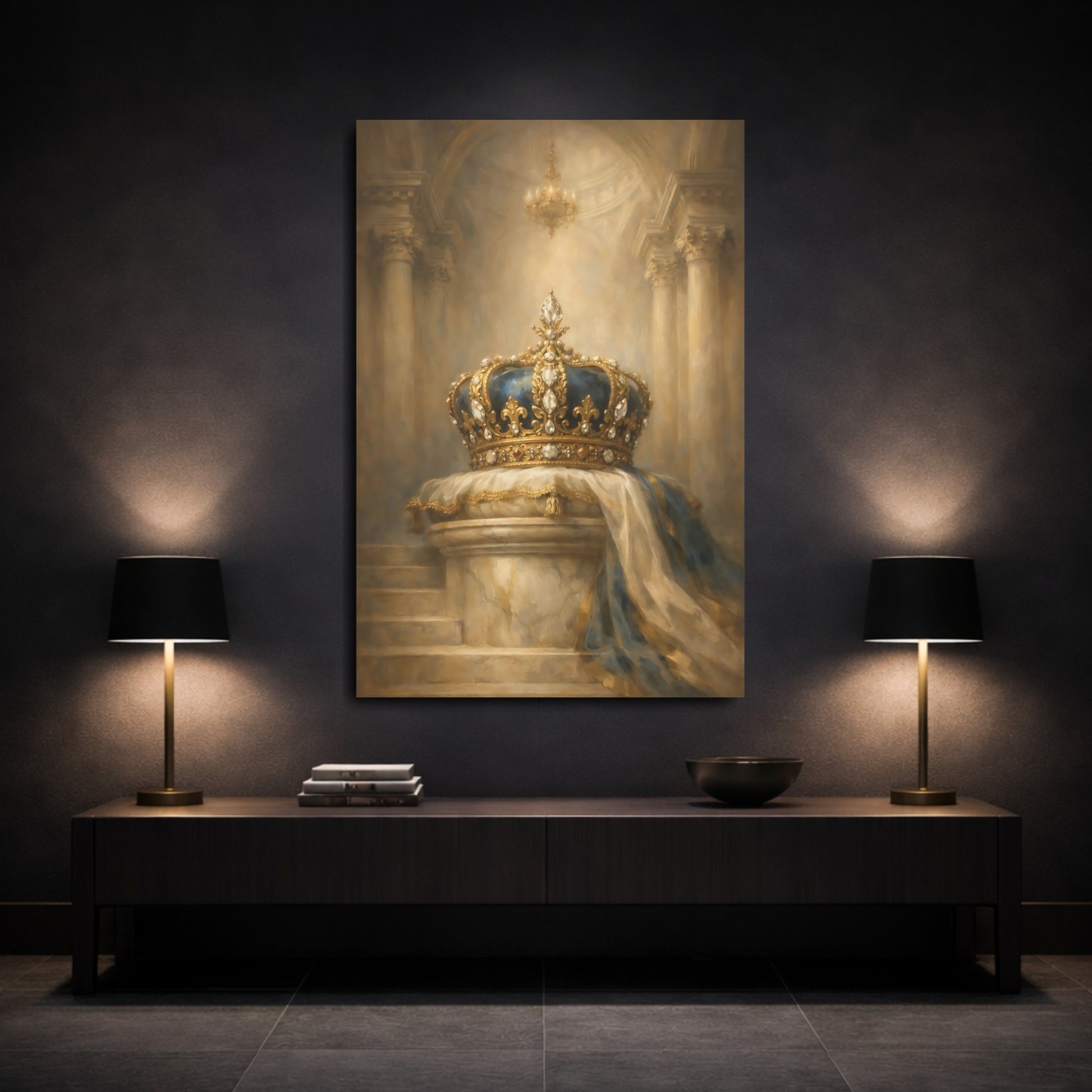 Mockup 2. Vintage Royal Crown Gold And Blue shown as stretched canvas wall art