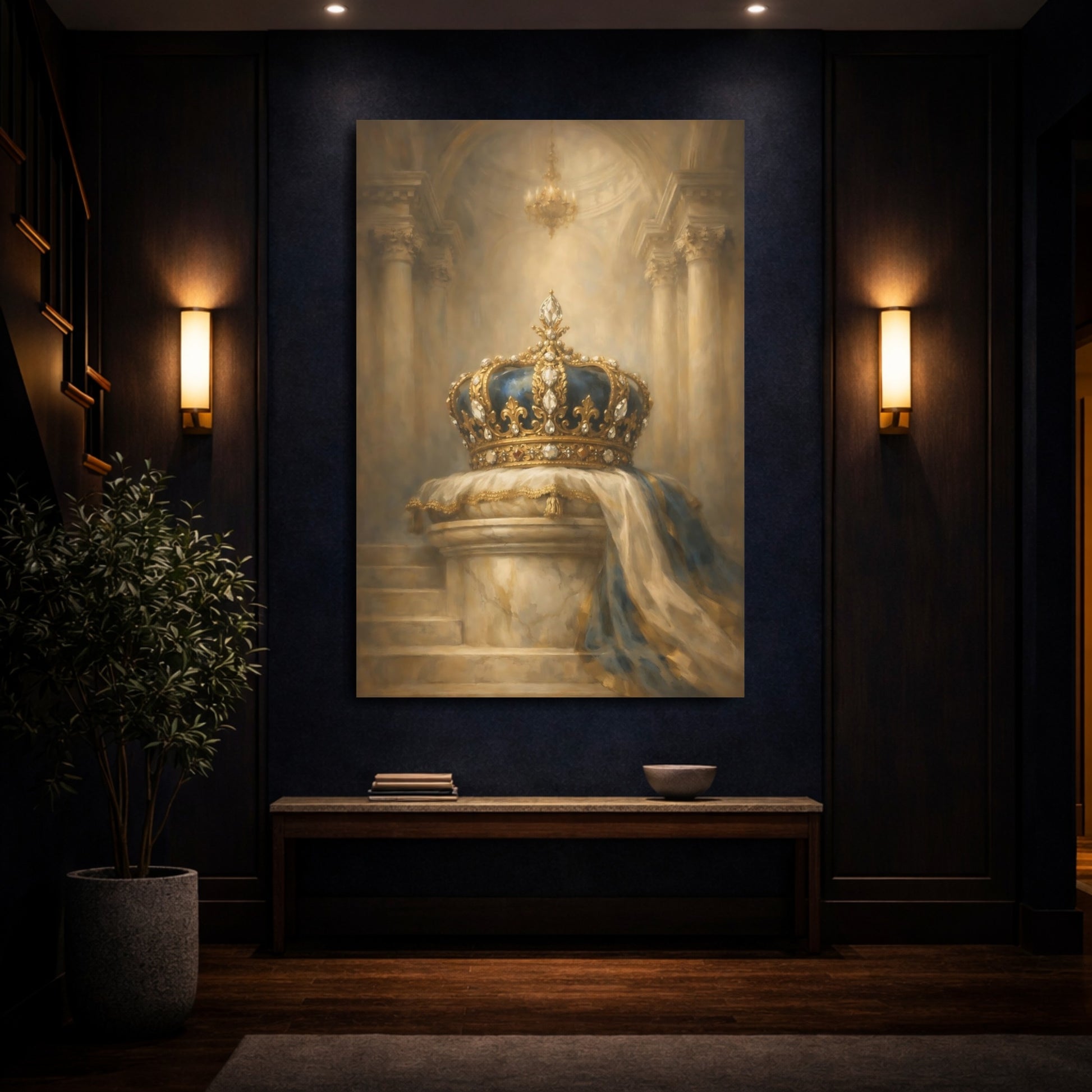 Mockup 3. Vintage Royal Crown Gold And Blue shown as stretched canvas wall art
