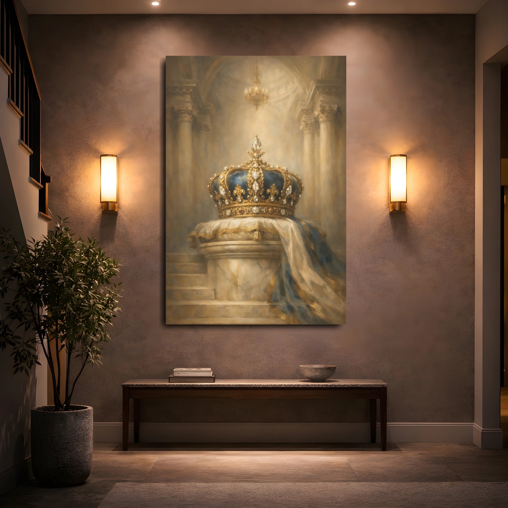 Mockup 4. Vintage Royal Crown Gold And Blue shown as stretched canvas wall art