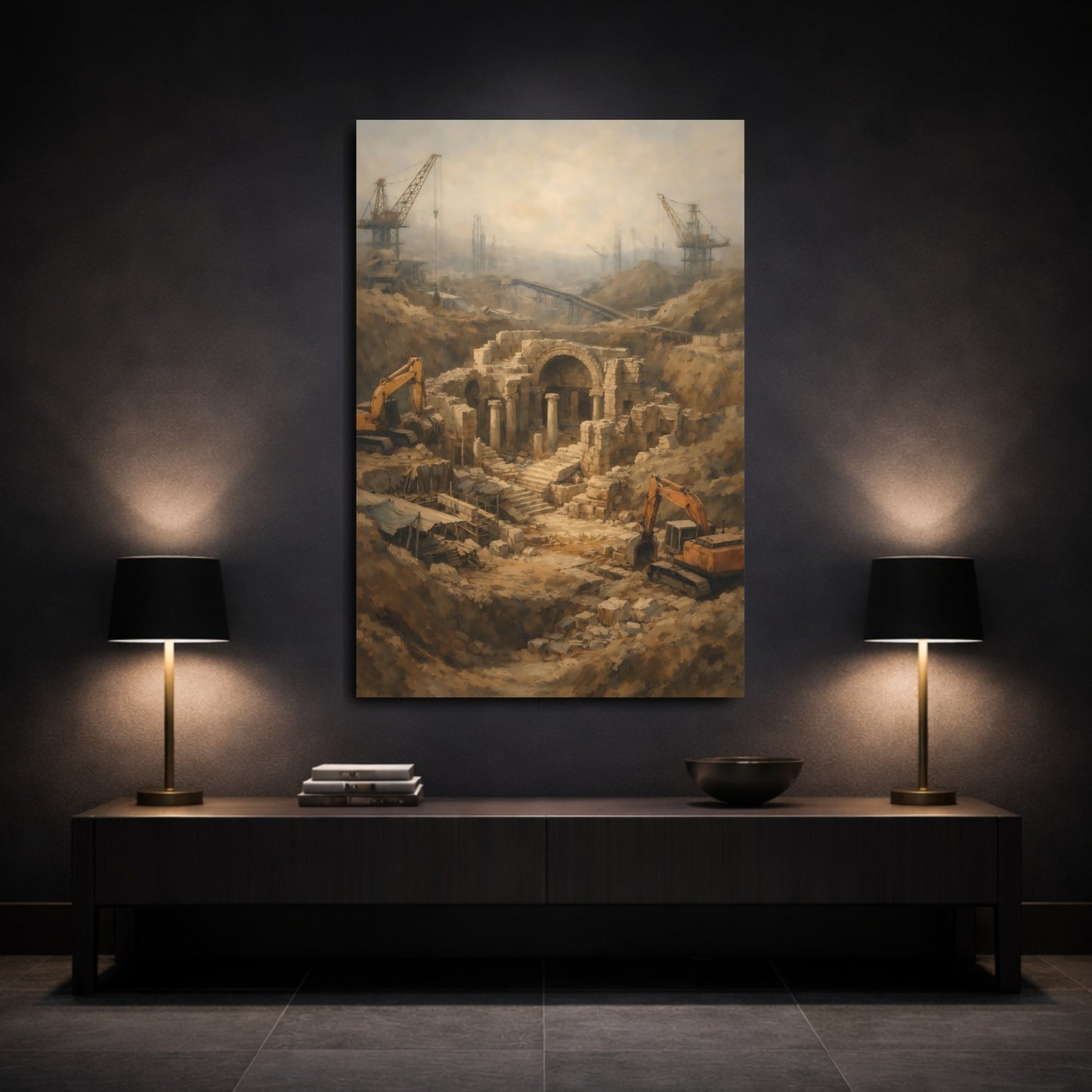 Mockup 2. Vintage Ruins Excavation Earth Tones shown as stretched canvas wall art
