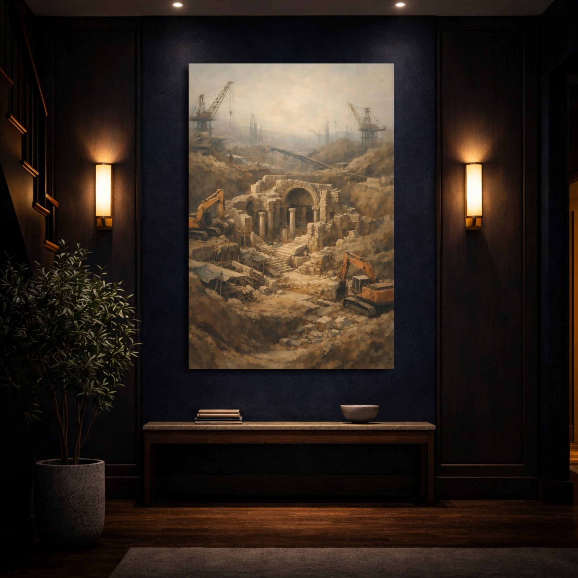 Mockup 3. Vintage Ruins Excavation Earth Tones shown as stretched canvas wall art