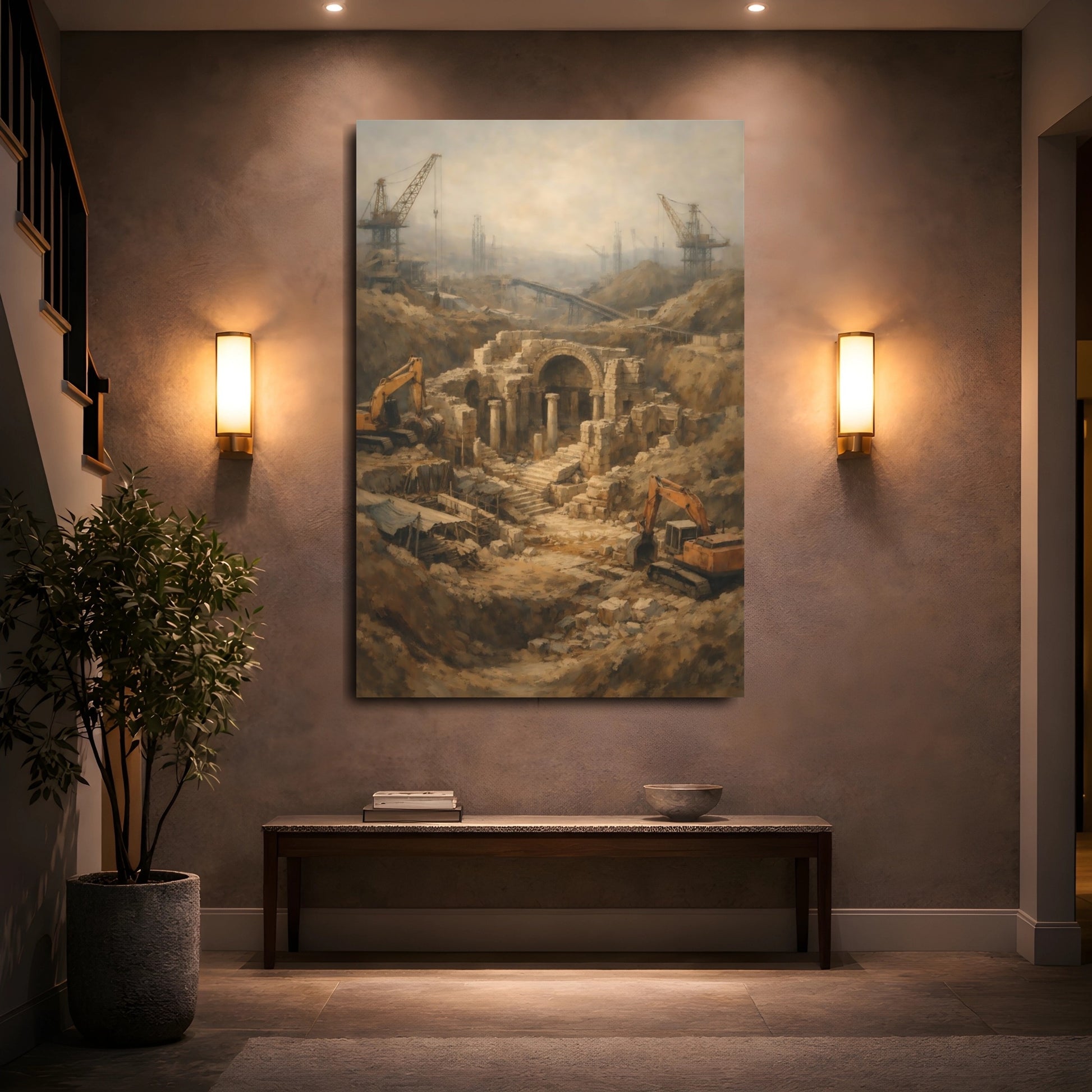Mockup 4. Vintage Ruins Excavation Earth Tones shown as stretched canvas wall art