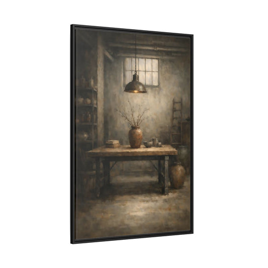Main Mockup. Vintage Rustic Interior Earthy Brown shown as stretched canvas wall art