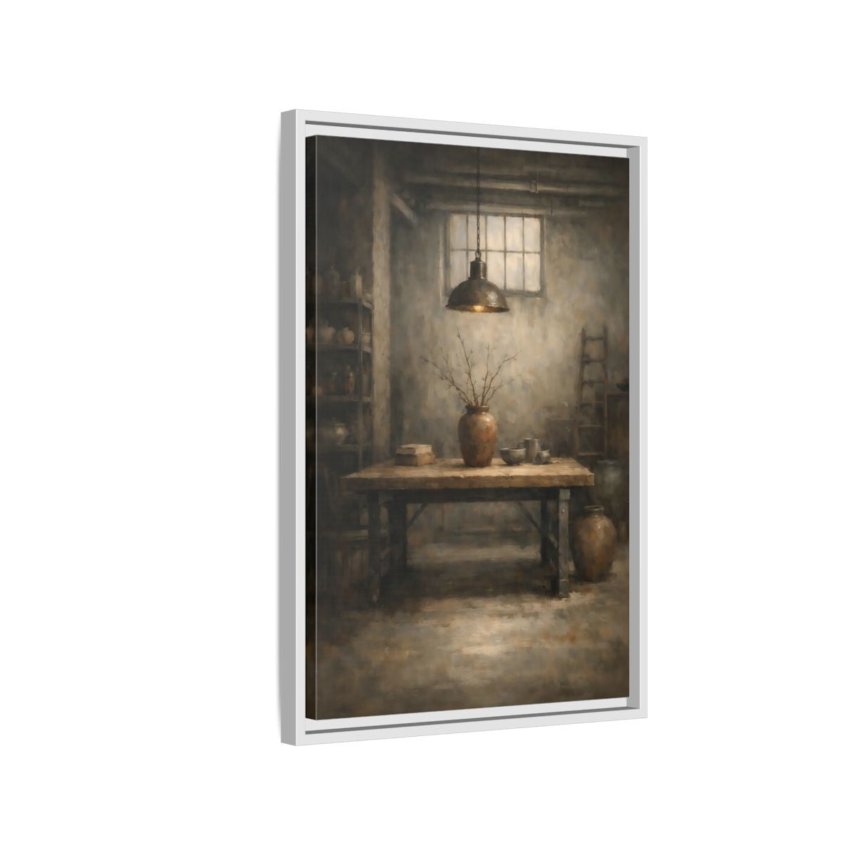 Side Mockup 1. Vintage Rustic Interior Earthy Brown shown as stretched canvas wall art