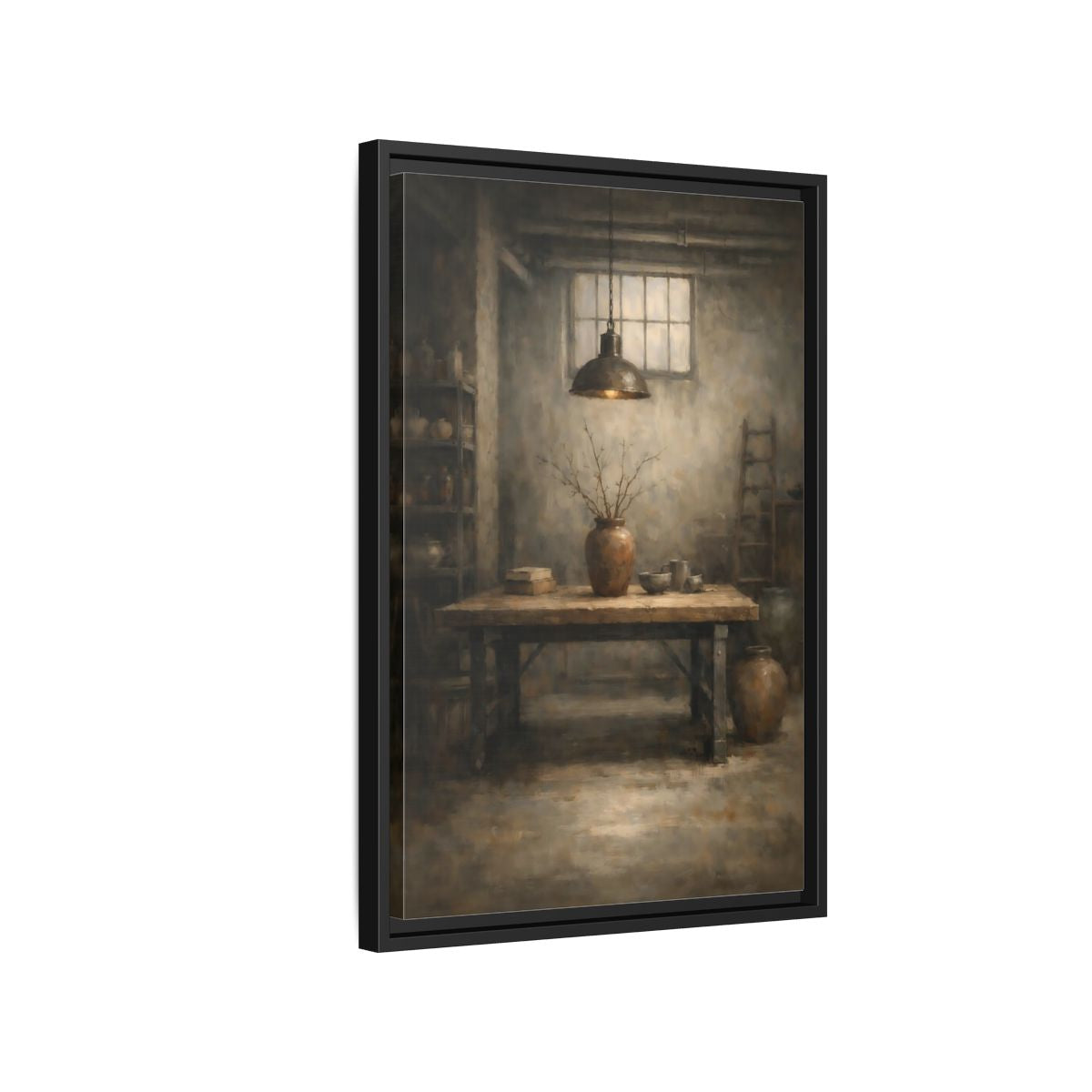 Side Mockup 3. Vintage Rustic Interior Earthy Brown shown as stretched canvas wall art