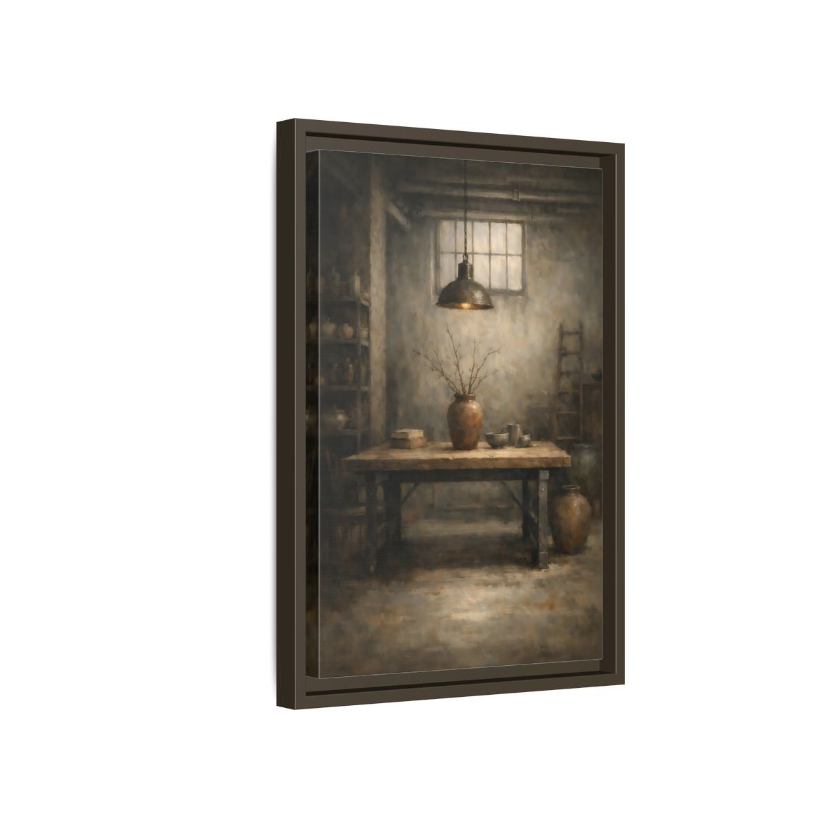 Side Mockup 5. Vintage Rustic Interior Earthy Brown shown as stretched canvas wall art