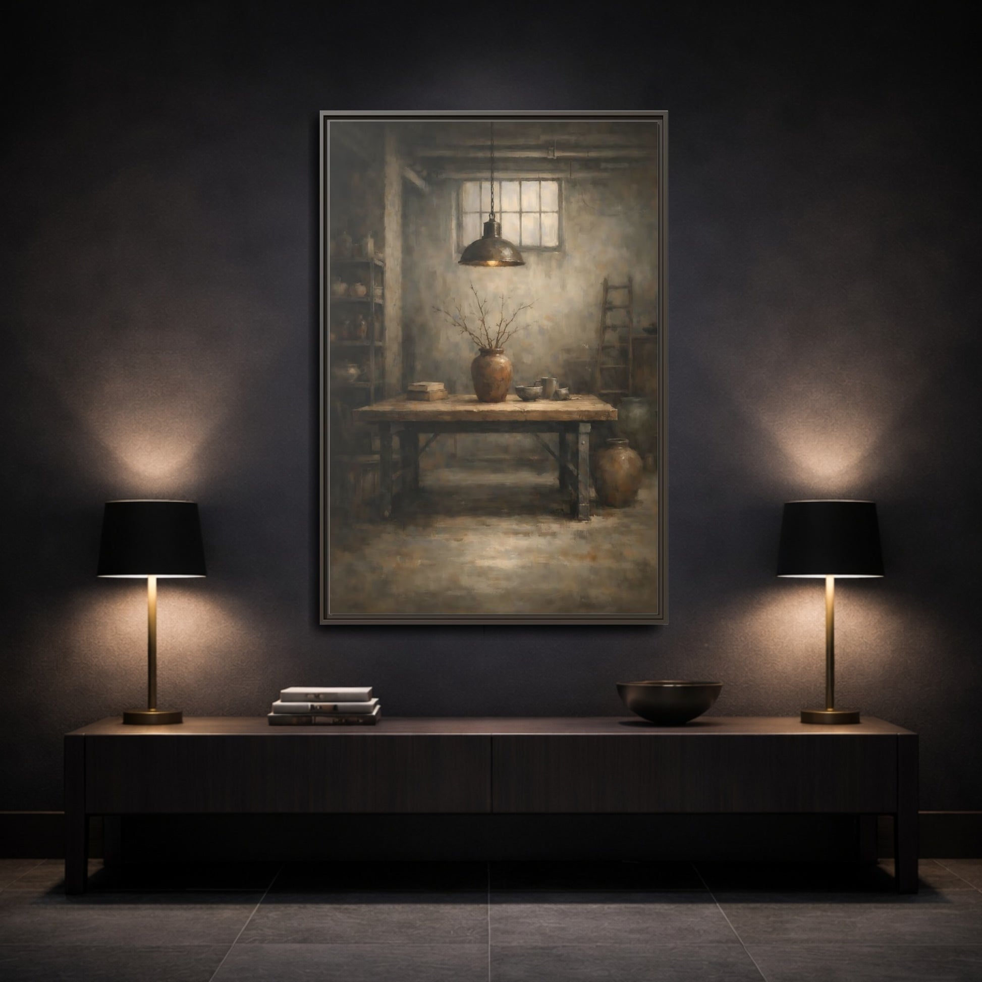 Mockup 2. Vintage Rustic Interior Earthy Brown shown as stretched canvas wall art