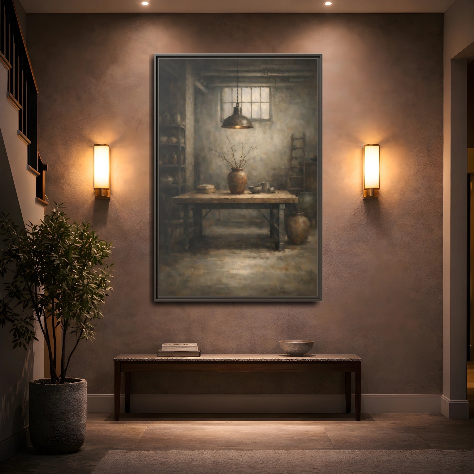 Mockup 4. Vintage Rustic Interior Earthy Brown shown as stretched canvas wall art
