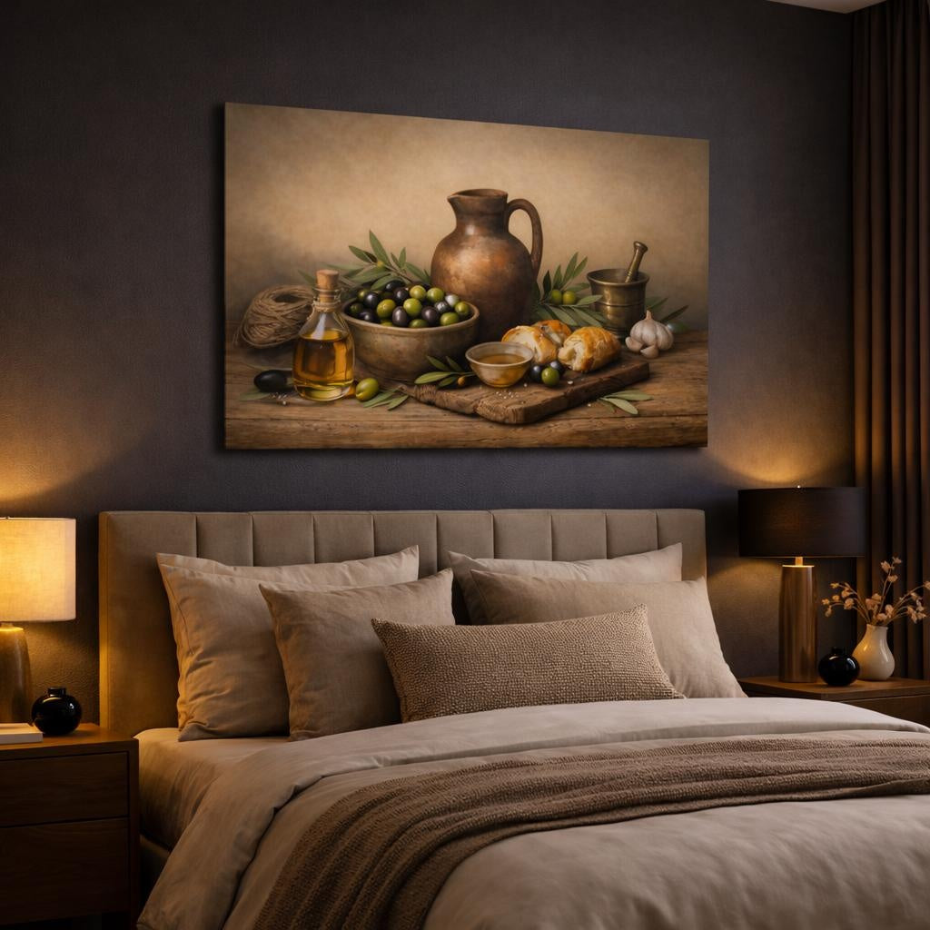 Vintage Rustic Olives shown as canvas wall art in a luxury bedroom