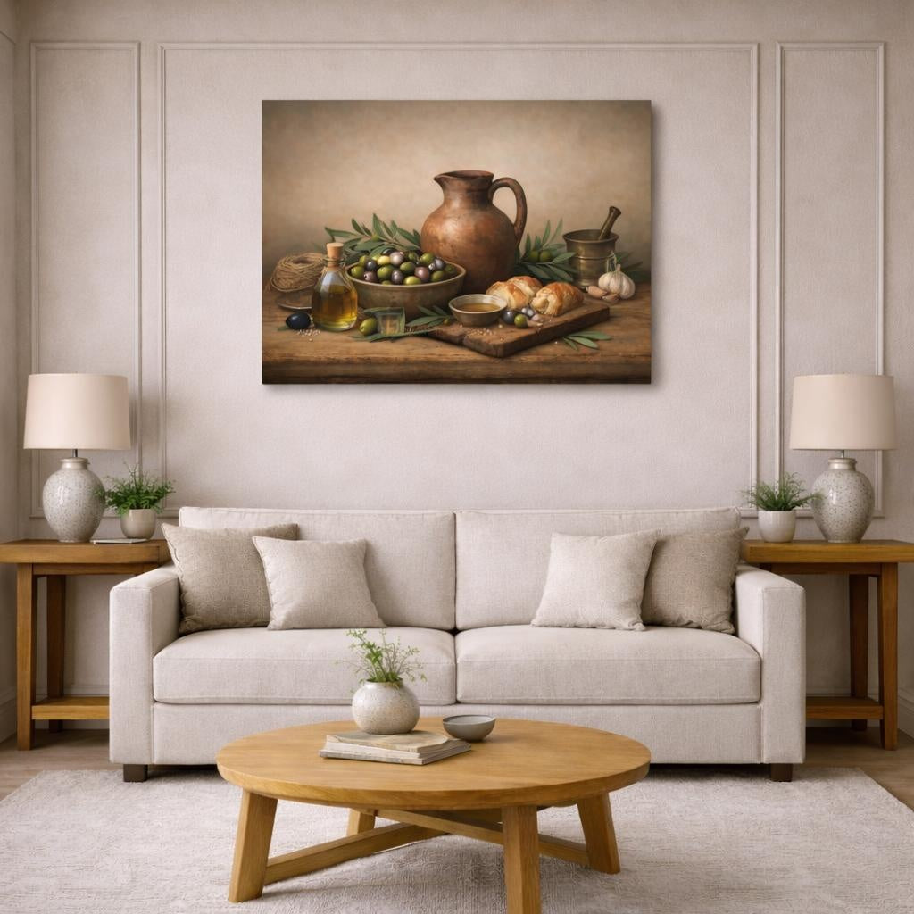 Vintage Rustic Olives shown as canvas wall art in a modern living room