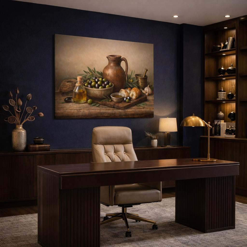 Vintage Rustic Olives shown as canvas wall art in a refined dining room