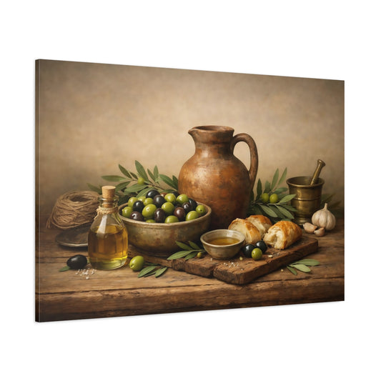 Vintage Rustic Olives shown as stretched canvas wall art