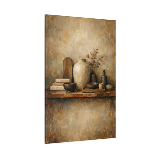 Main Mockup. Vintage Rustic Pottery Brown And Beige shown as stretched canvas wall art