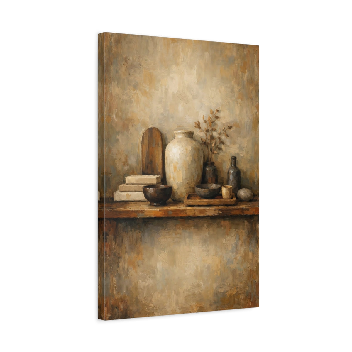 Side Mockup 3. Vintage Rustic Pottery Brown And Beige shown as stretched canvas wall art