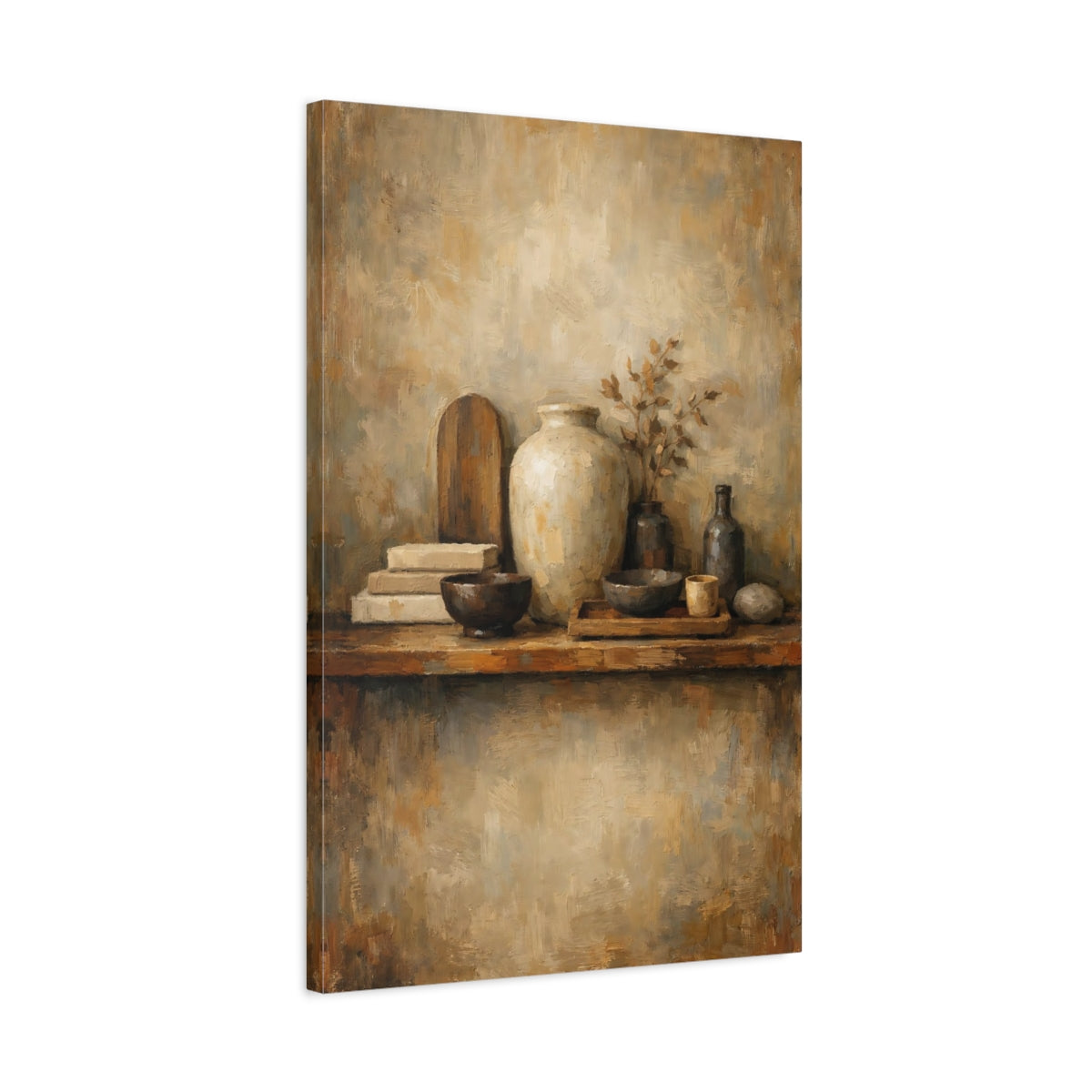 Side Mockup 2. Vintage Rustic Pottery Brown And Beige shown as stretched canvas wall art
