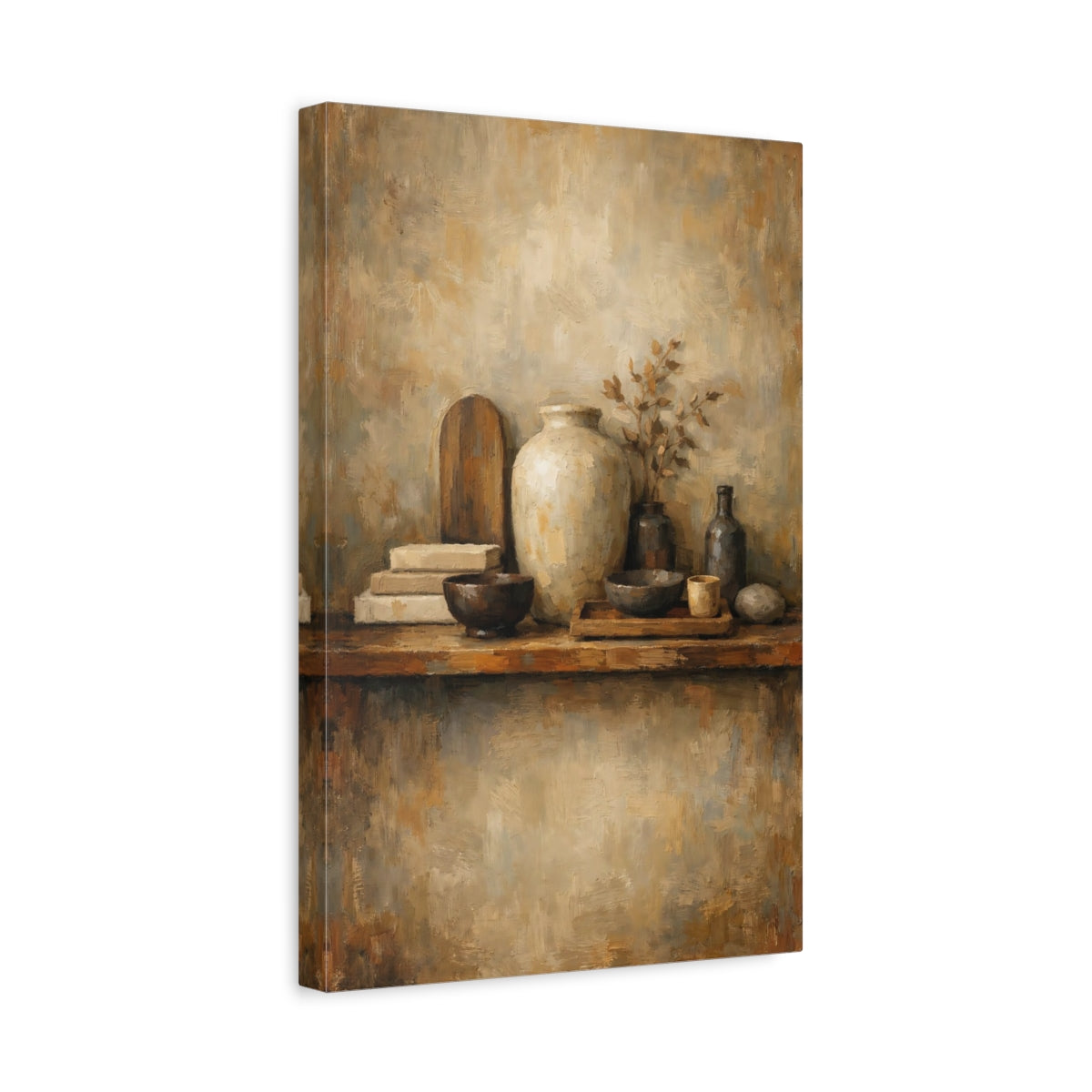 Side Mockup 4. Vintage Rustic Pottery Brown And Beige shown as stretched canvas wall art