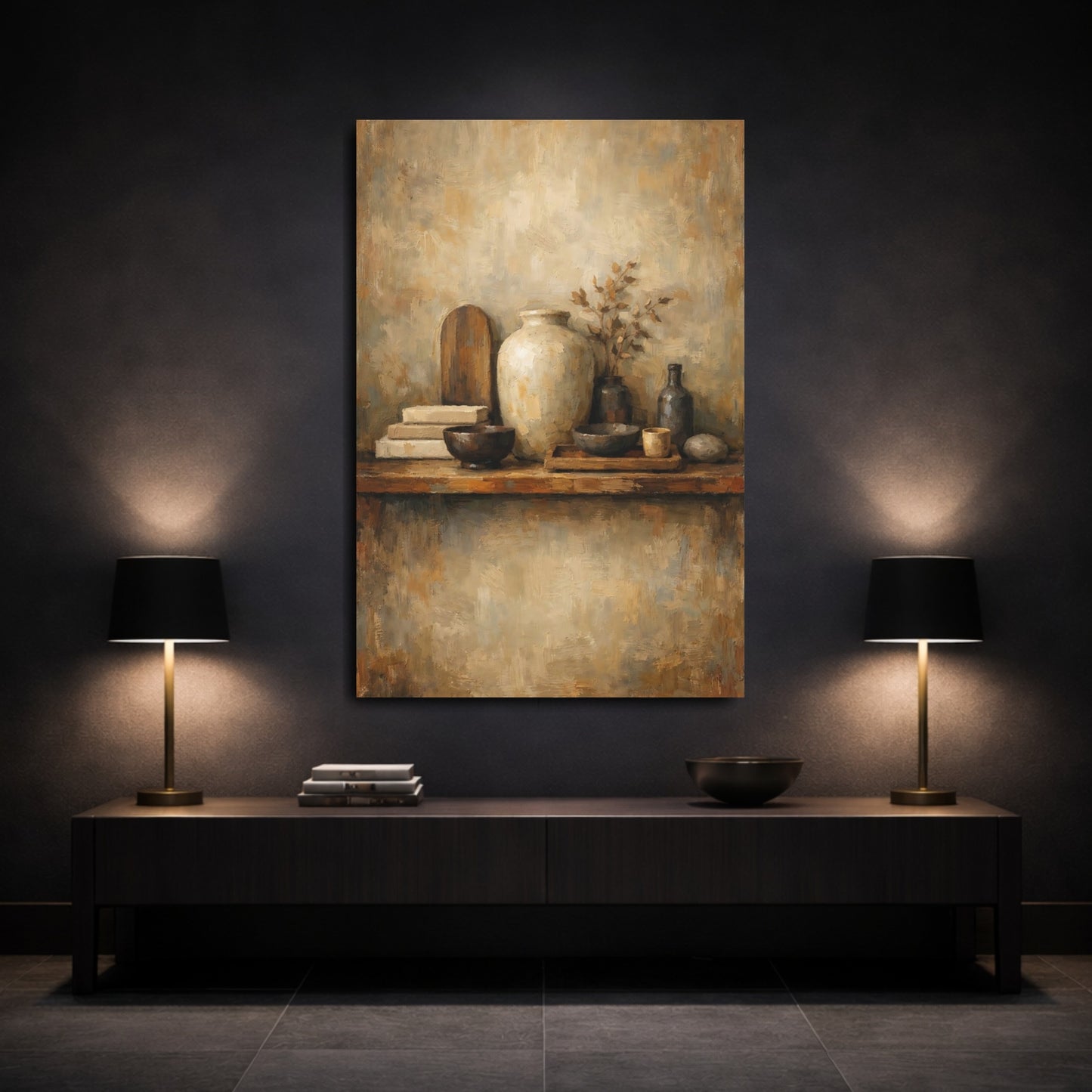 Mockup 2. Vintage Rustic Pottery Brown And Beige shown as stretched canvas wall art