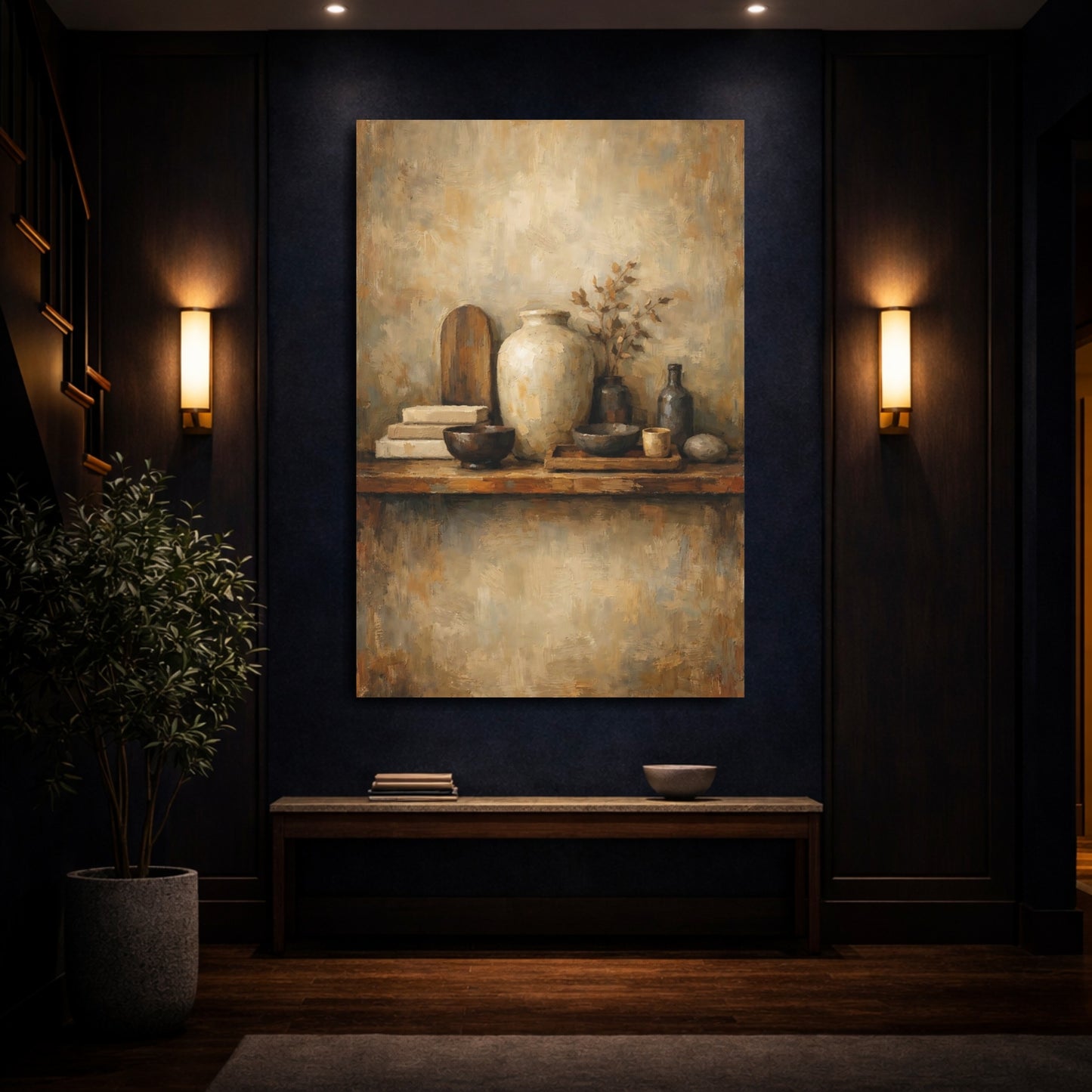 Mockup 3. Vintage Rustic Pottery Brown And Beige shown as stretched canvas wall art
