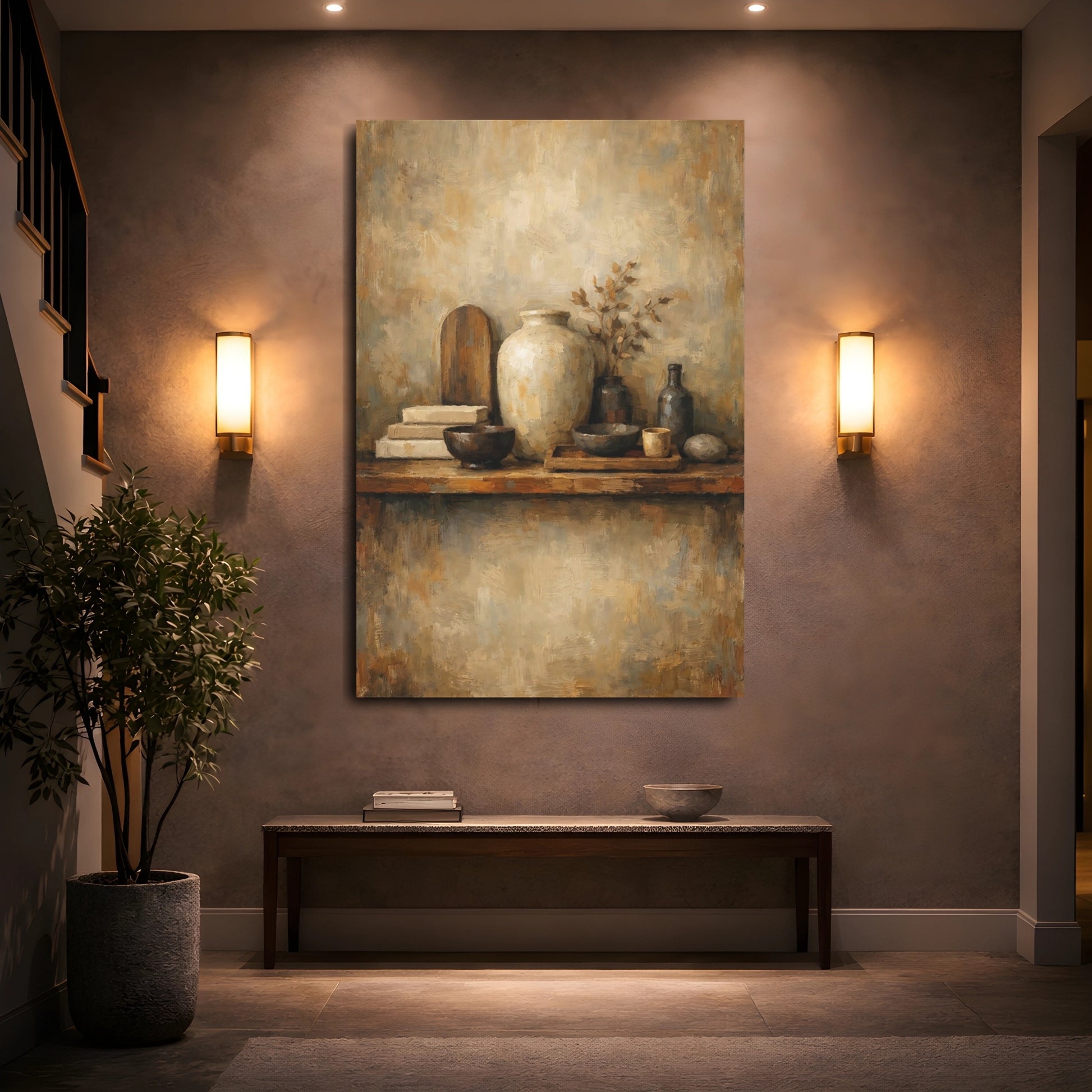 Mockup 4. Vintage Rustic Pottery Brown And Beige shown as stretched canvas wall art