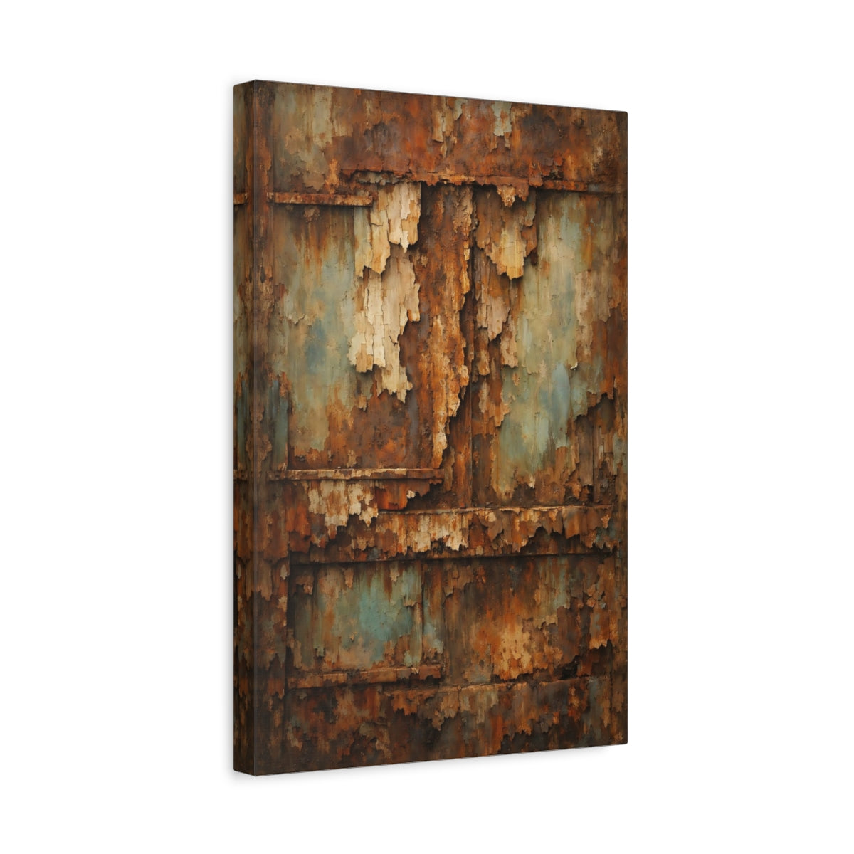 Side Mockup 4. Vintage Rusty Texture Brown And Blue Texture shown as stretched canvas wall art