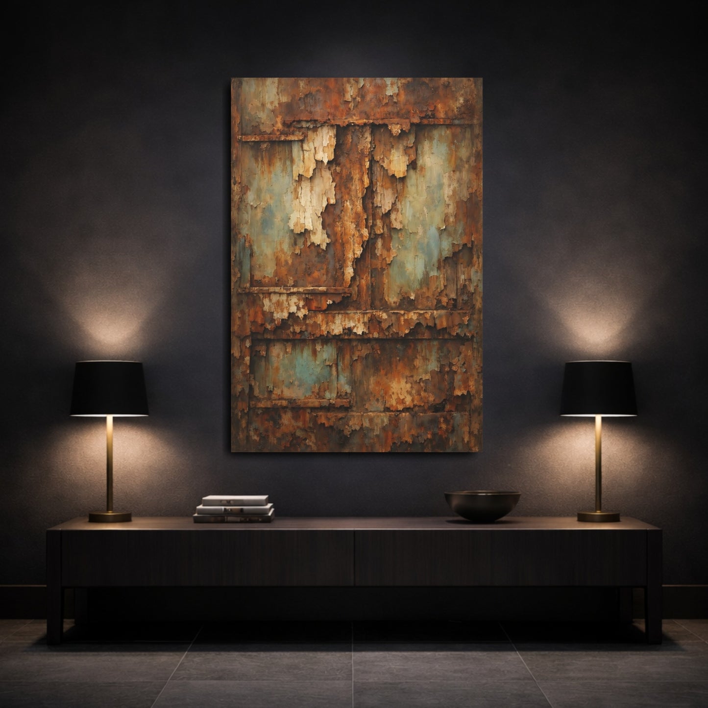 Mockup 2. Vintage Rusty Texture Brown And Blue Texture shown as stretched canvas wall art