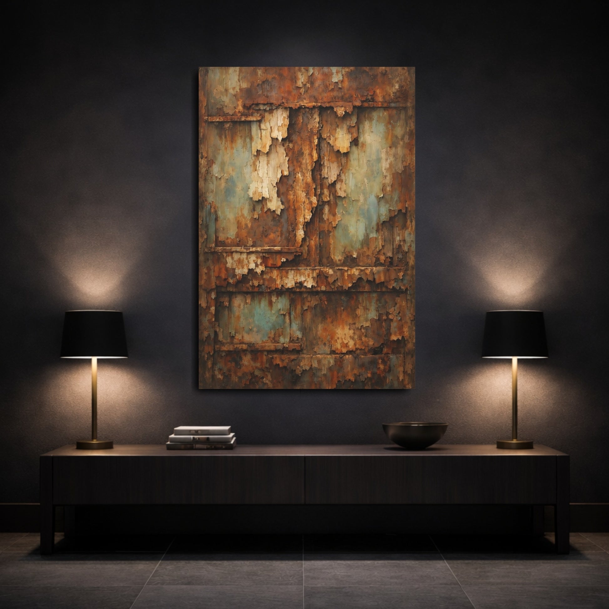 Mockup 2. Vintage Rusty Texture Brown And Blue Texture shown as stretched canvas wall art