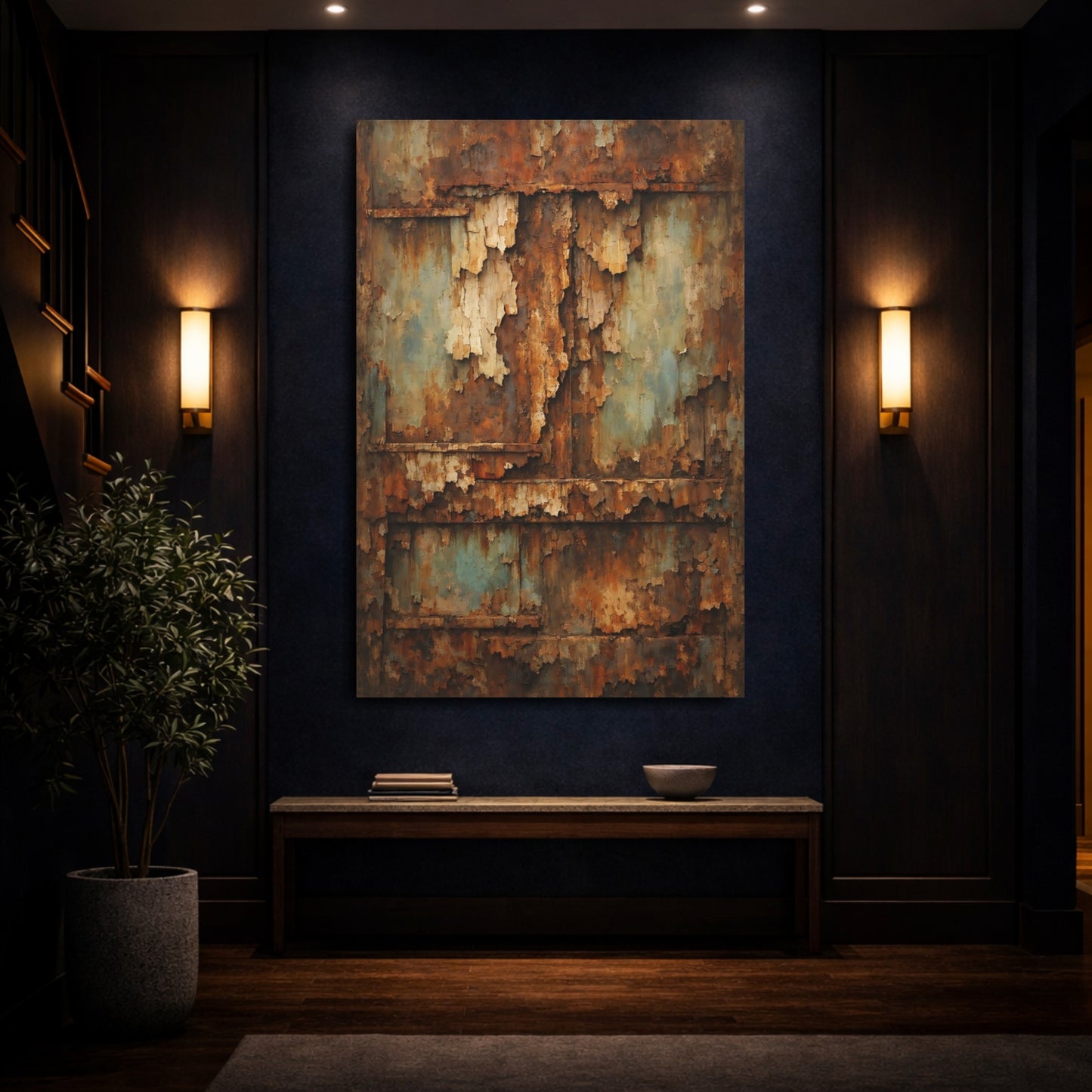 Mockup 3. Vintage Rusty Texture Brown And Blue Texture shown as stretched canvas wall art