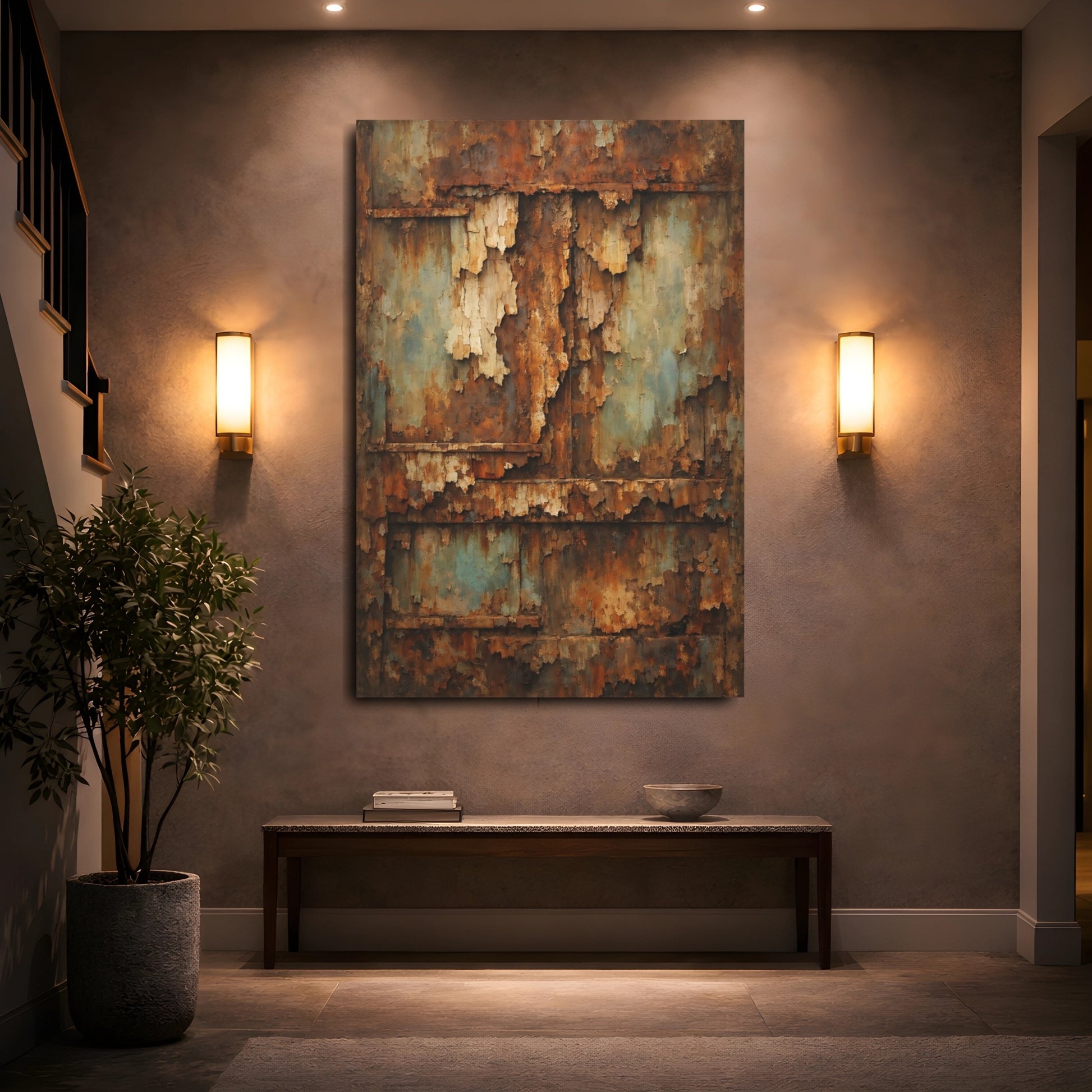 Mockup 4. Vintage Rusty Texture Brown And Blue Texture shown as stretched canvas wall art