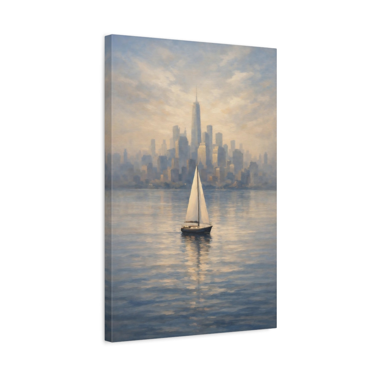 Side Mockup 3. Vintage Sailboat Blue Gold Cityscape shown as stretched canvas wall art