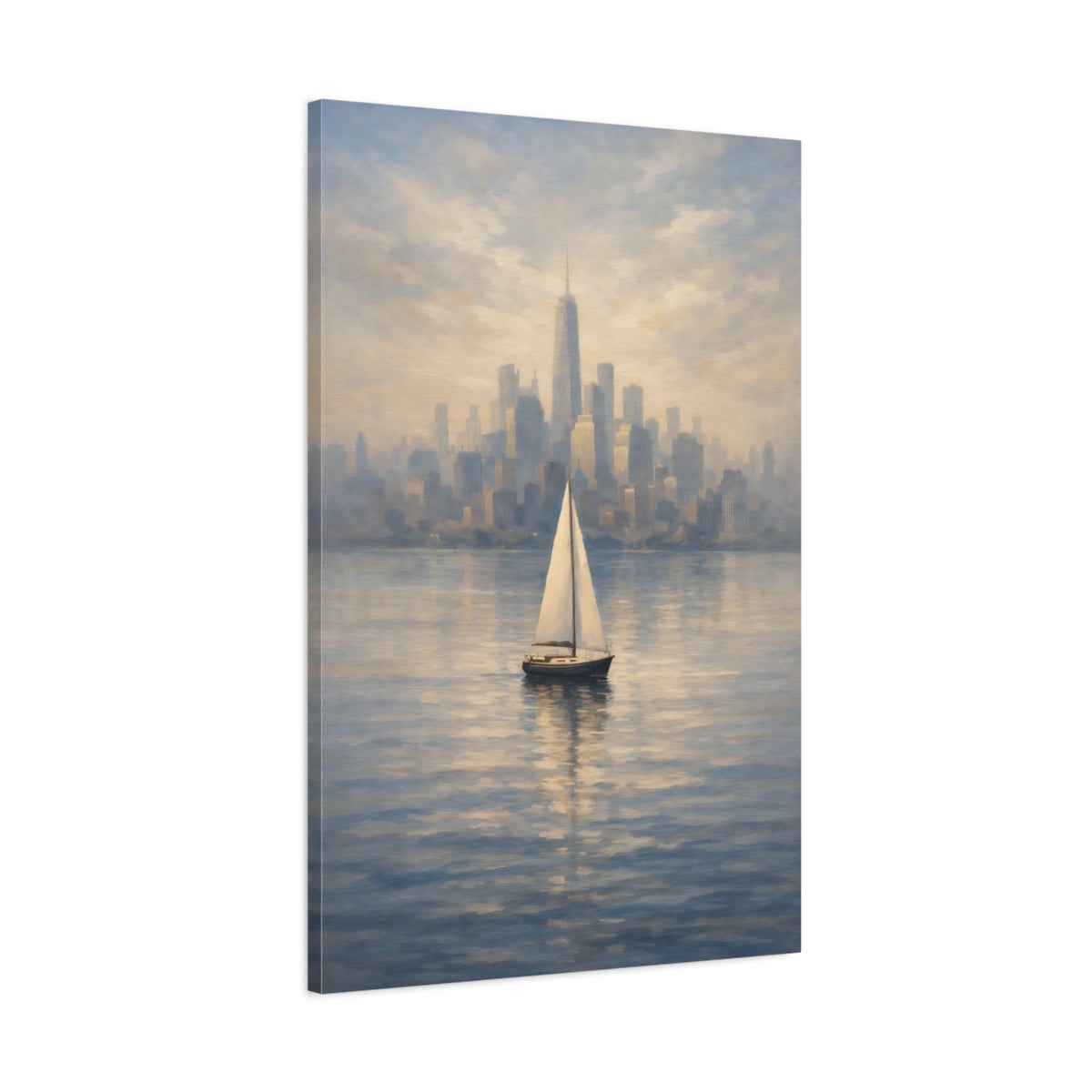 Side Mockup 1. Vintage Sailboat Blue Gold Cityscape shown as stretched canvas wall art