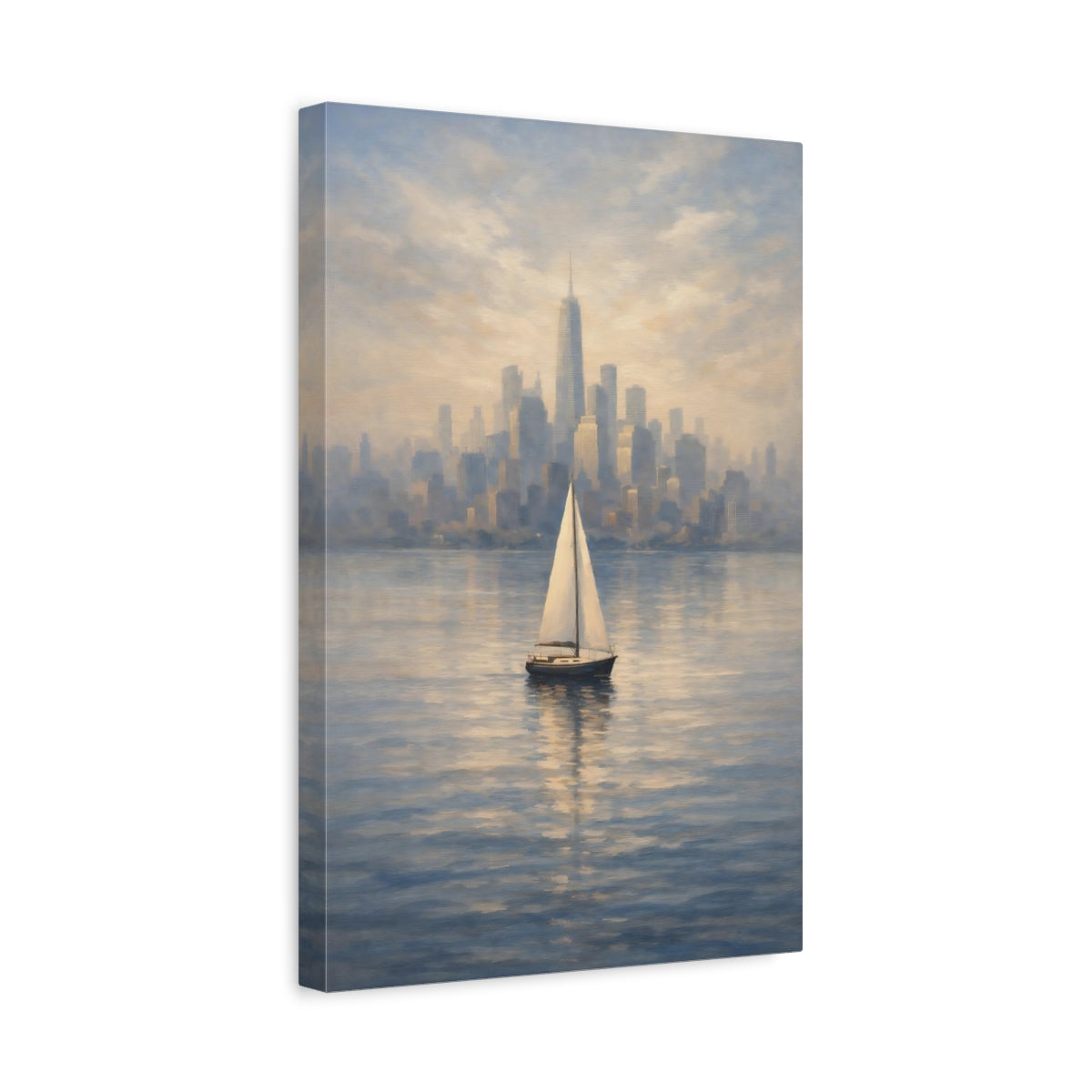 Side Mockup 4. Vintage Sailboat Blue Gold Cityscape shown as stretched canvas wall art