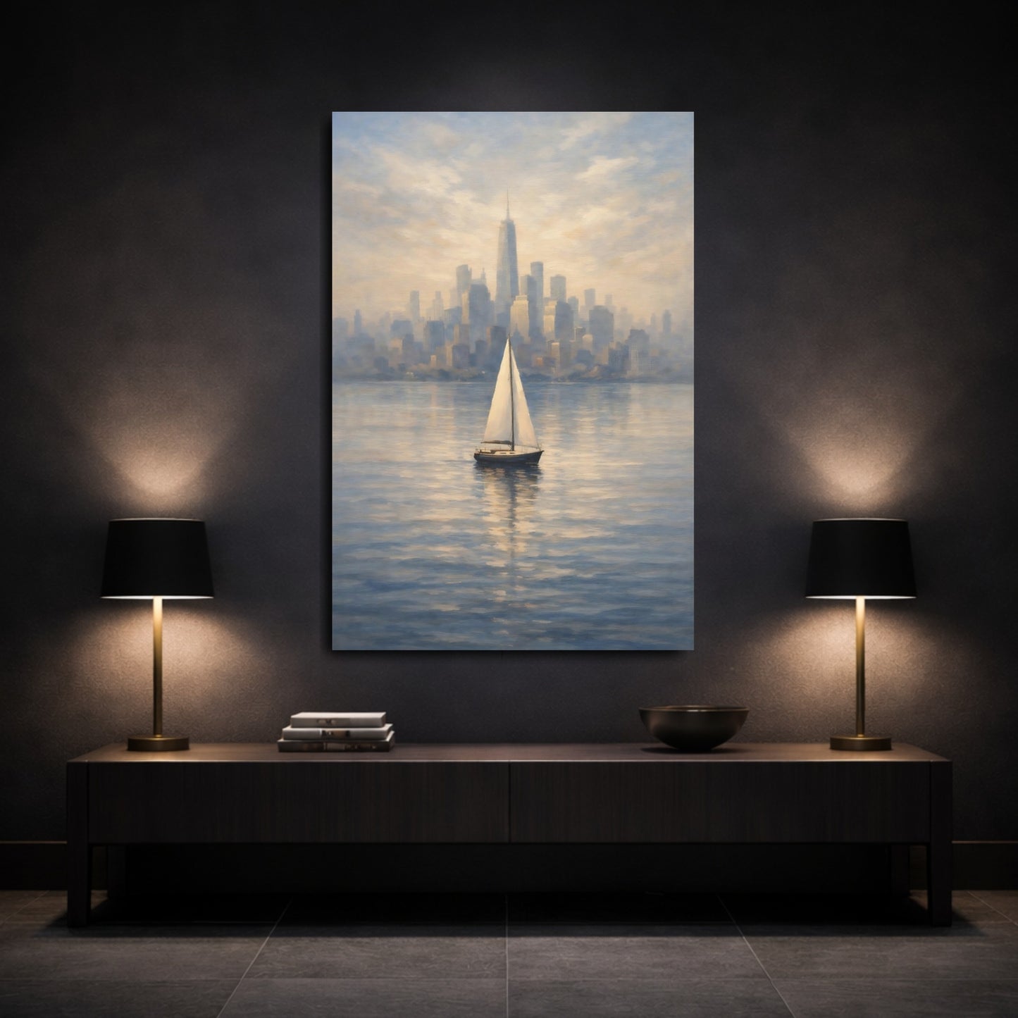 Mockup 2. Vintage Sailboat Blue Gold Cityscape shown as stretched canvas wall art