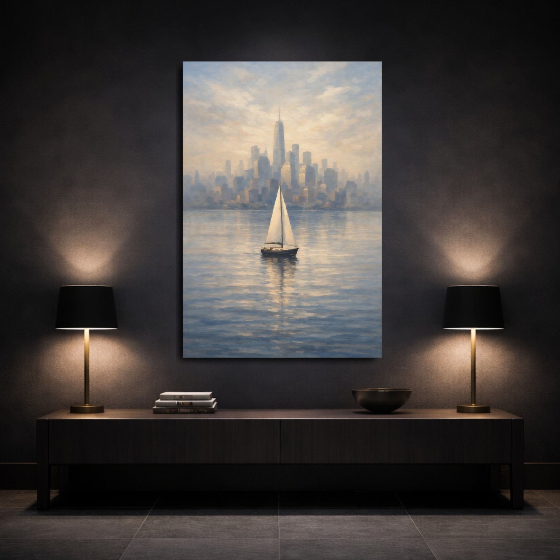 Mockup 2. Vintage Sailboat Blue Gold Cityscape shown as stretched canvas wall art